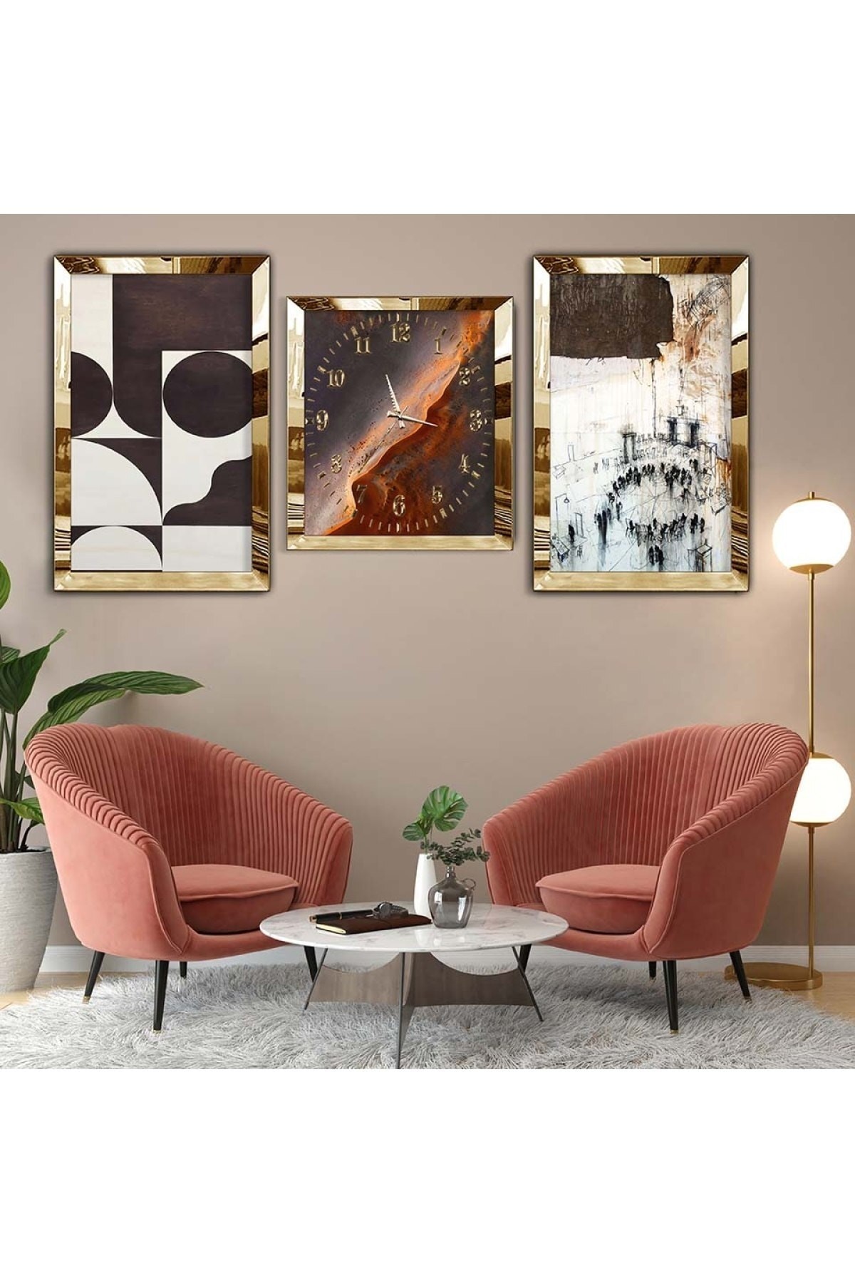 Tasarım Özel Tasarım Gold Pleksi Kenar 3'Lü Solmaz MDF Tablo Saat Seti