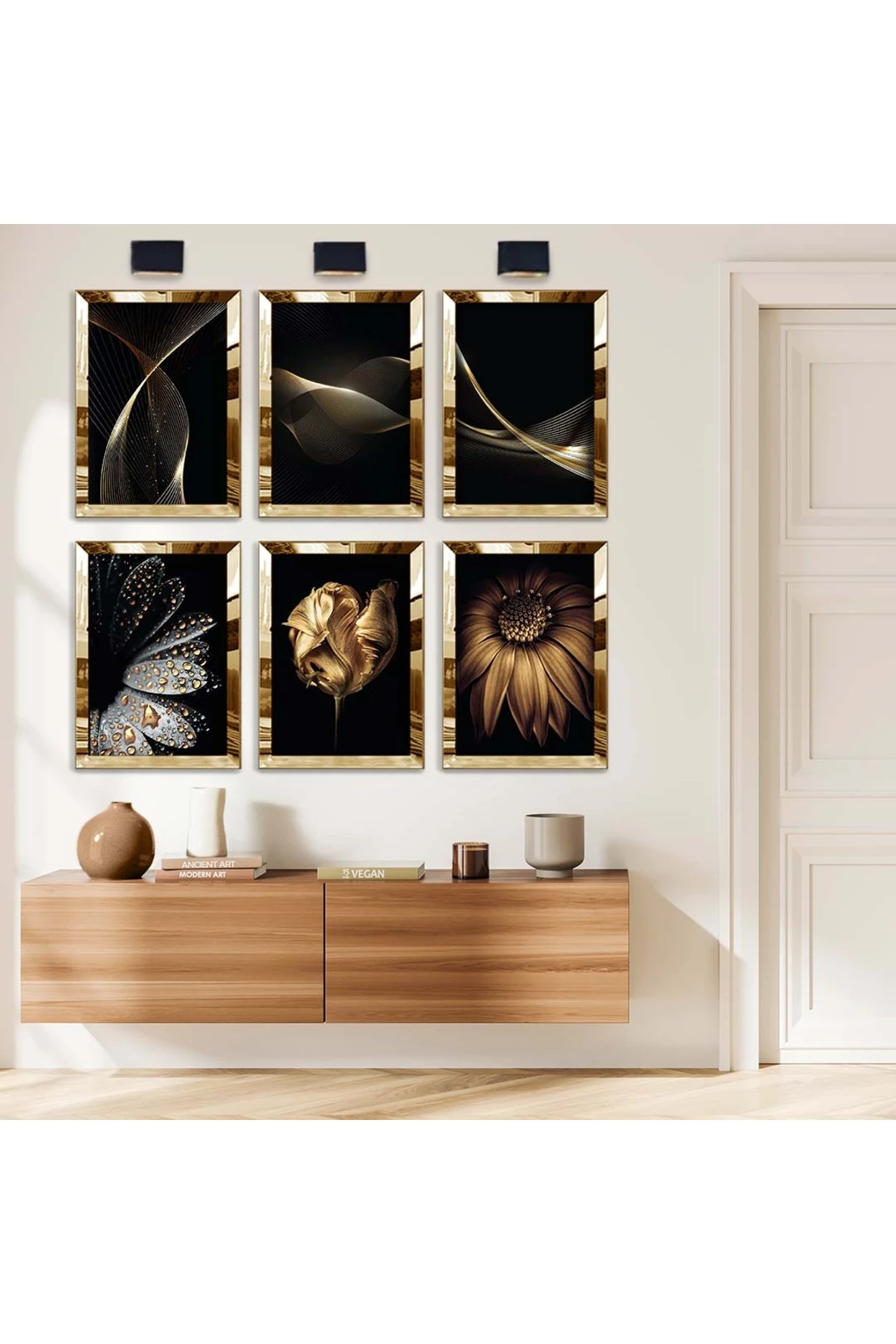 Gold Detay Çiçek 6'Lı Pleksi Kenar Solmaz MDF Tablo Seti