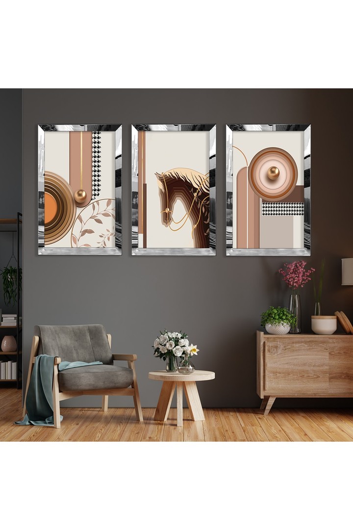 At Soyut Desen Gold Pleksi Kenar 3'Lü Solmaz MDF Tablo