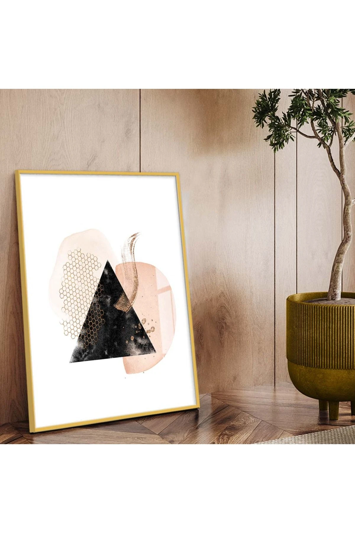 Gold Metal Çerçeveli Geometrik Desen Modern Çizim Kırılmaz Cam Tablo