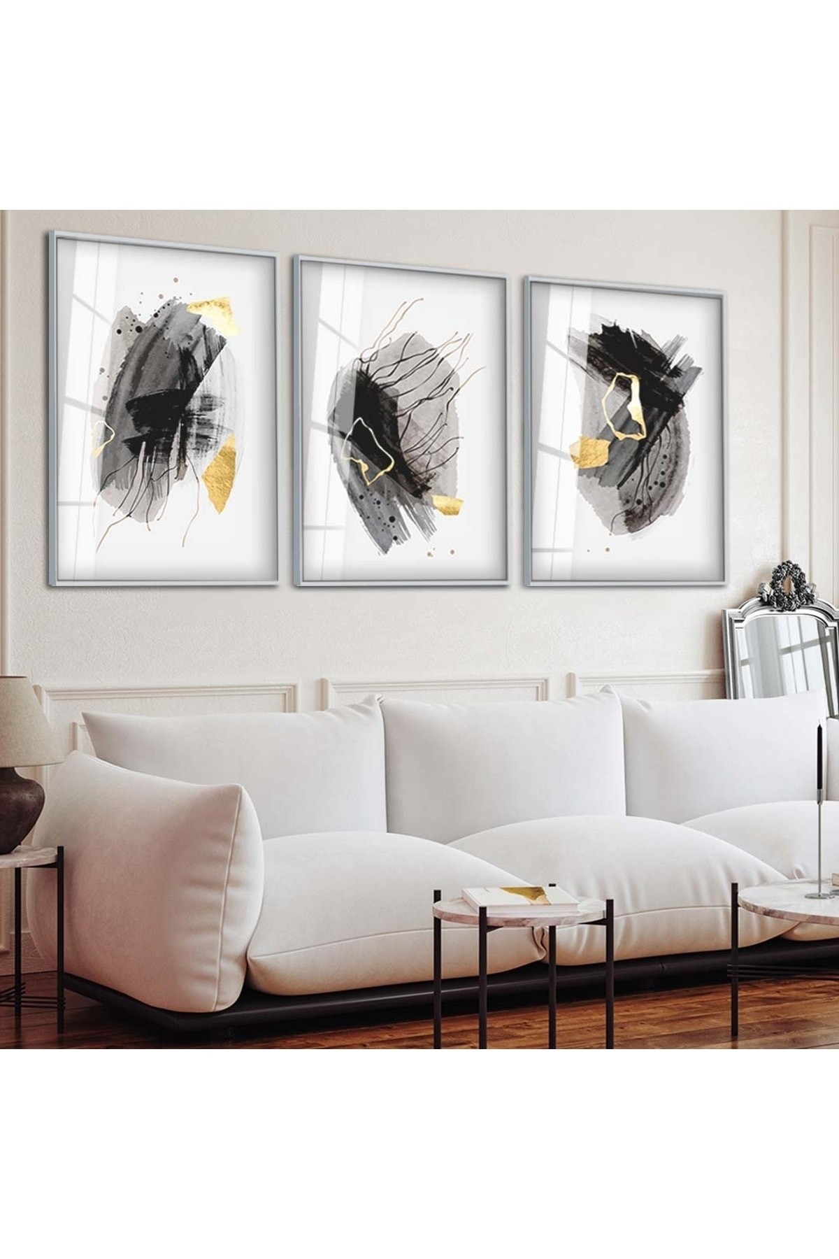 Modern Tablo Soyut Desen 3'Lü Metal Çerçeveli UV Baskı Cam Tablo Seti