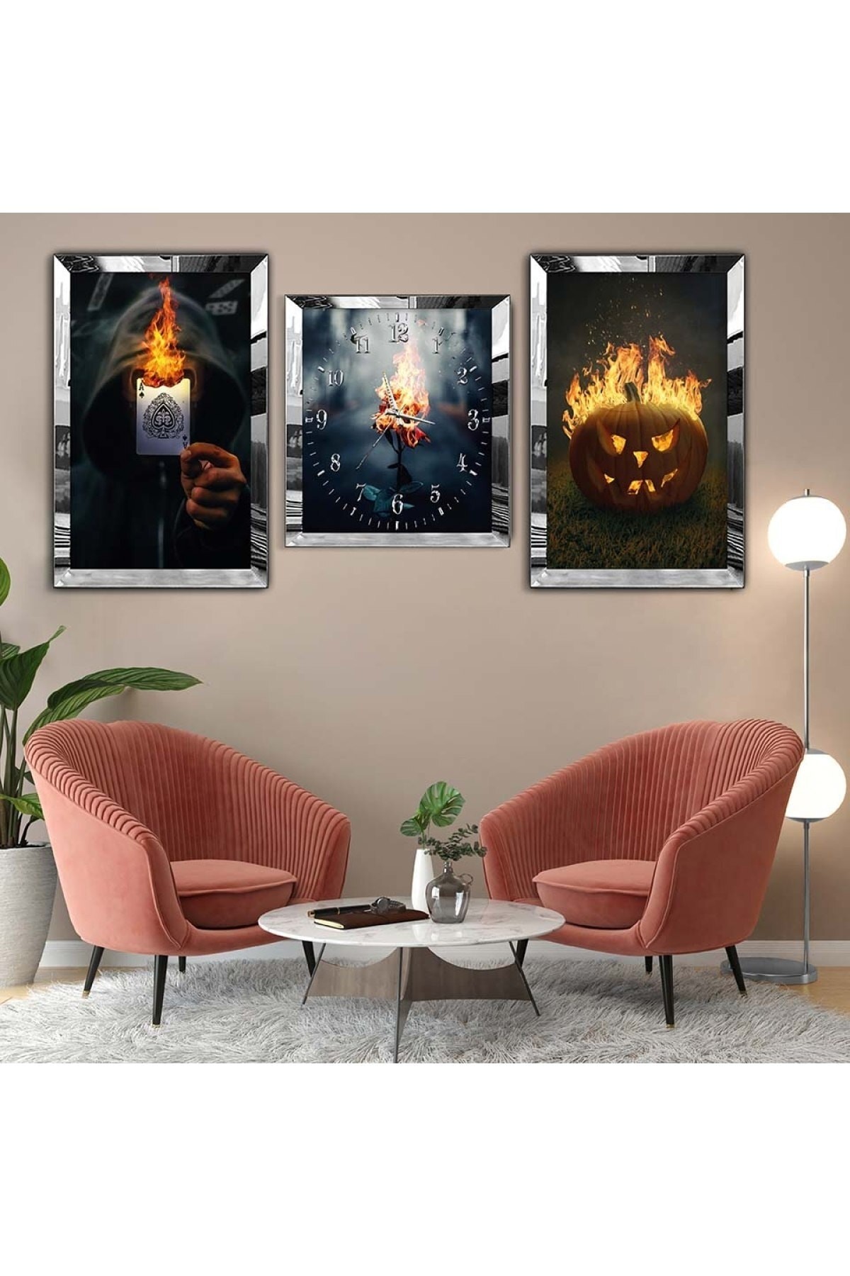Modern Sanat Tablosu Gold Pleksi Kenar 3'Lü Solmaz MDF Tablo Saat Seti