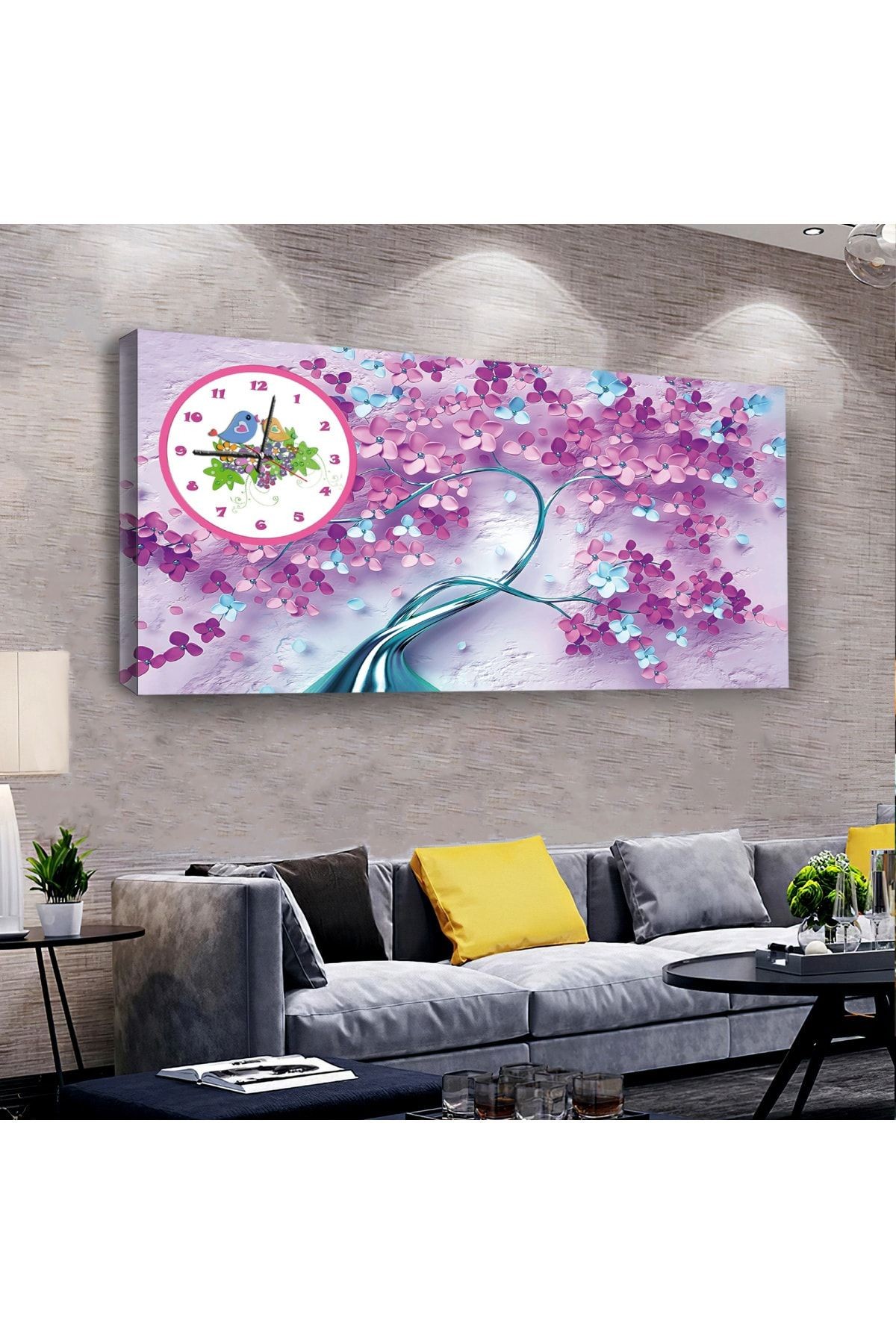 Renkli Çiçek 120 X 60 Saatli Kanvas Tablo