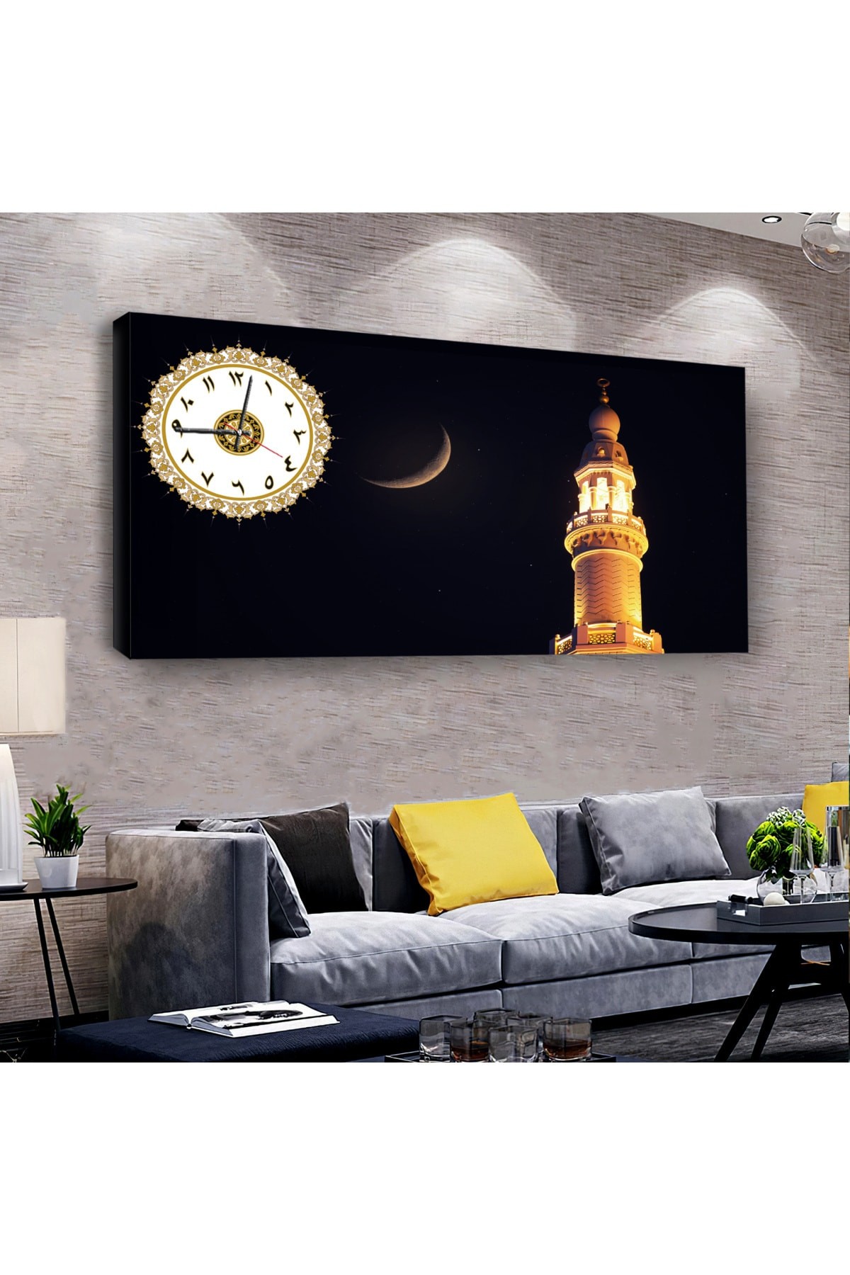 Hilal Minare Dini saatliAhşap Şase Dijital Baskı Kanvas Tablo 100X50Cm