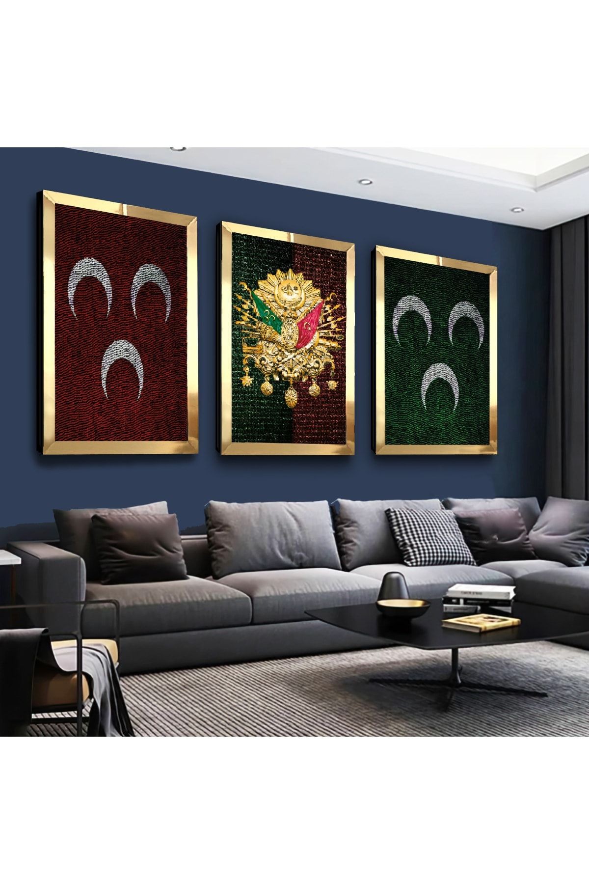 Gold Aynalı Pleksi Çerçeveli 3hilal Ve Osmanlı Tuğrası Üçlü Mdf Tablo Seti