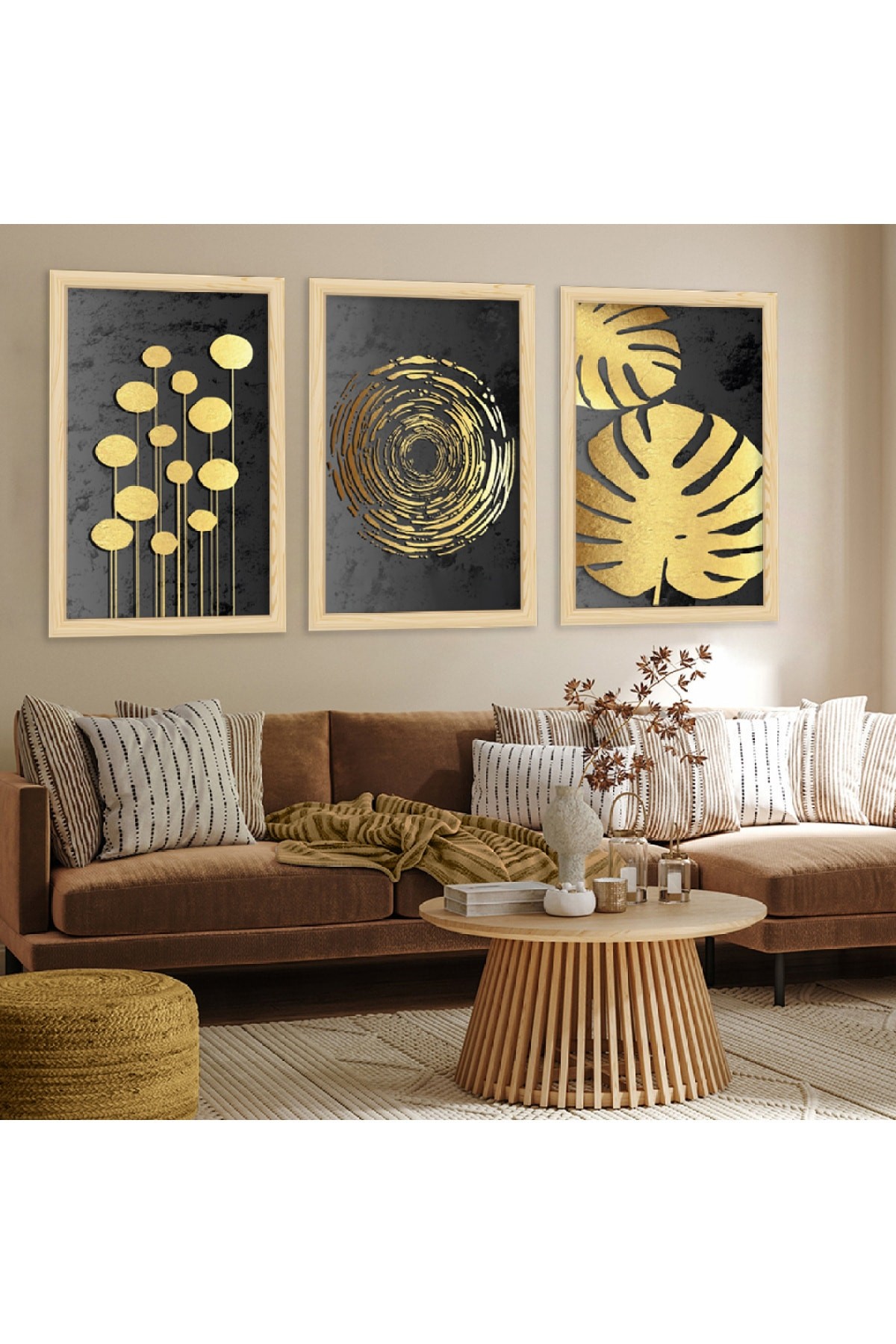 Modern Modern Tablo Ahşap Çerçeveli Kolaj Çizim Çiçek Tablo