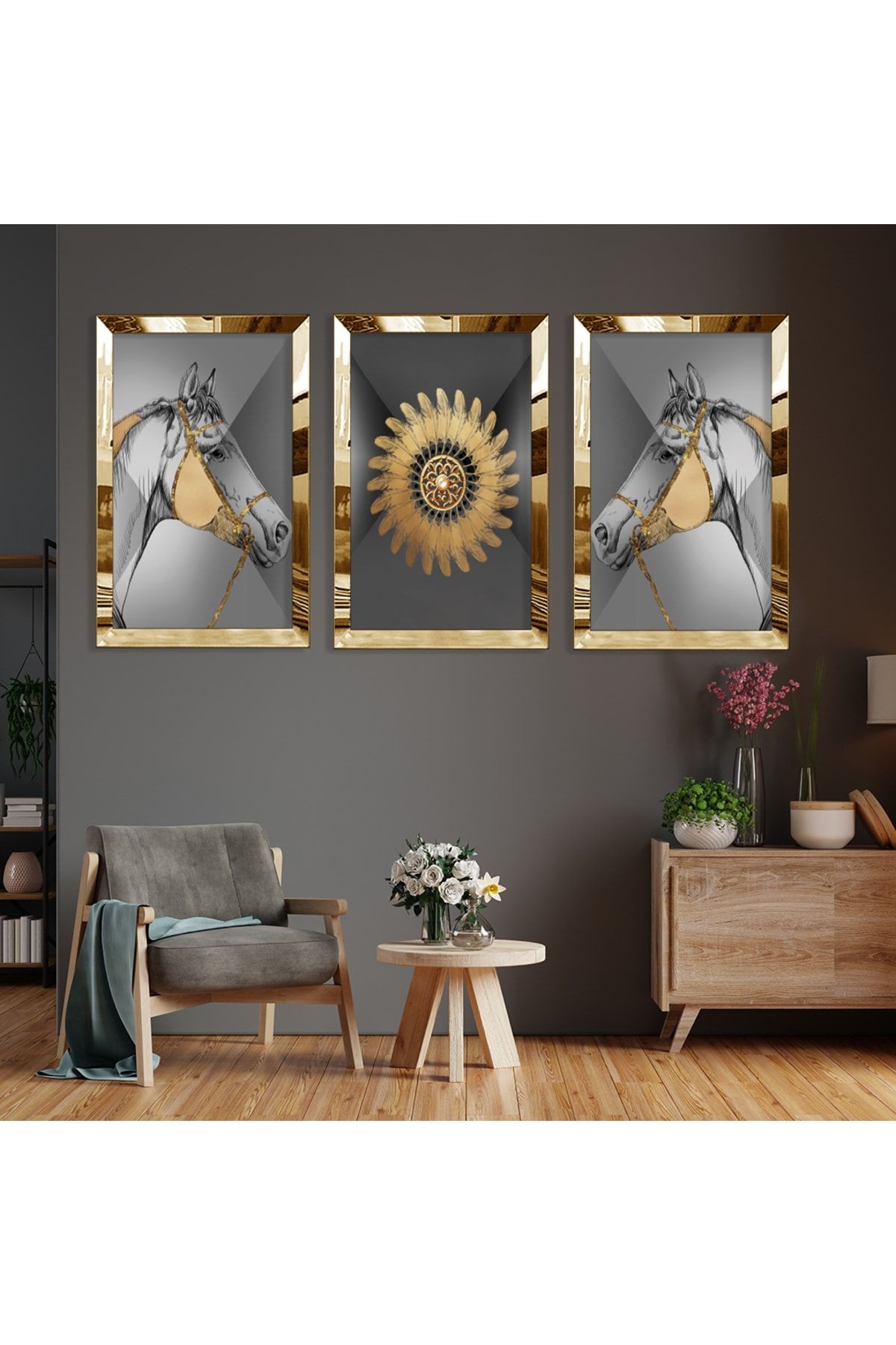 At Soyut Desen Gold Pleksi Kenar Üçlü Mdf Tablo Seti