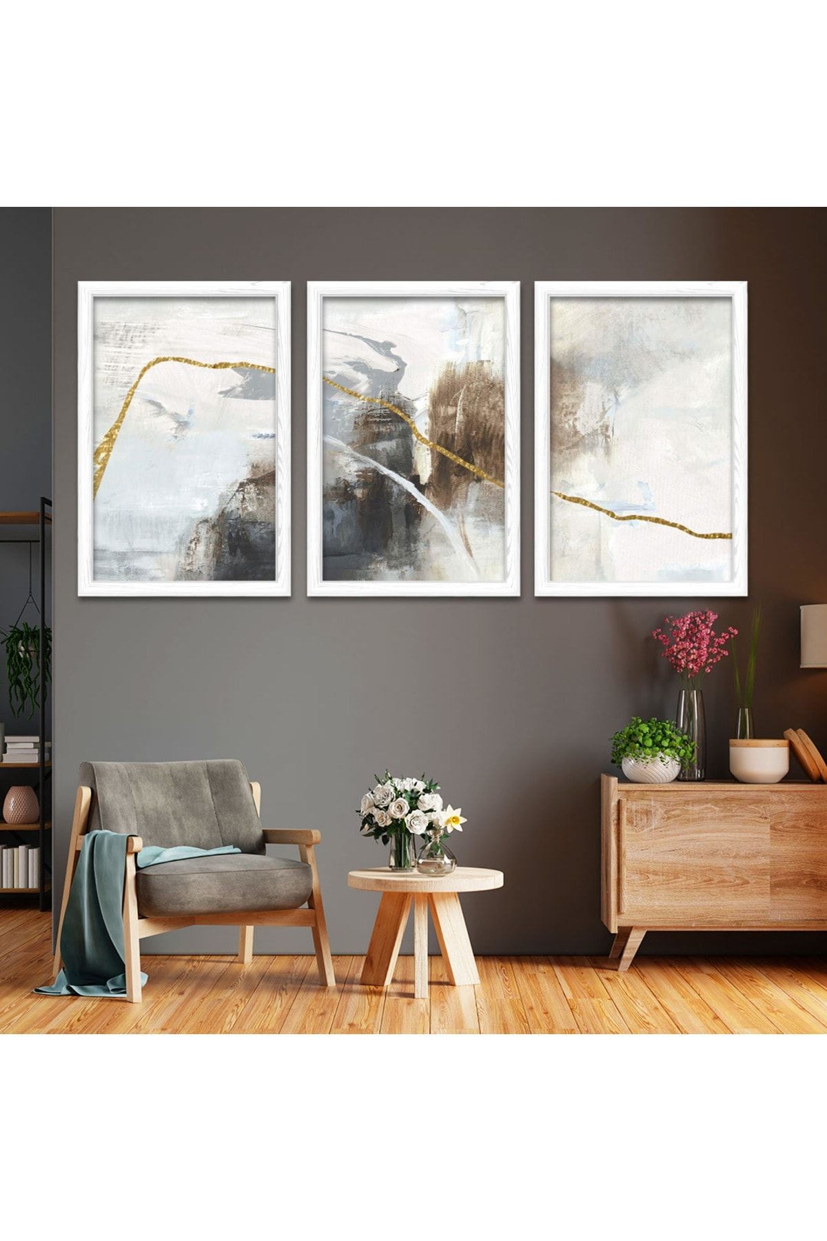 Beyaz Ahşap Çerçeveli Kolaj Çizim Modern Tablo