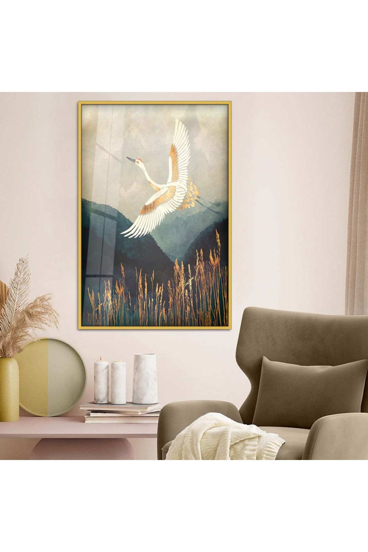 Gold Metal Çerçeveli Kuş Figürlü Modern Çizim Kırılmaz Cam Tablo
