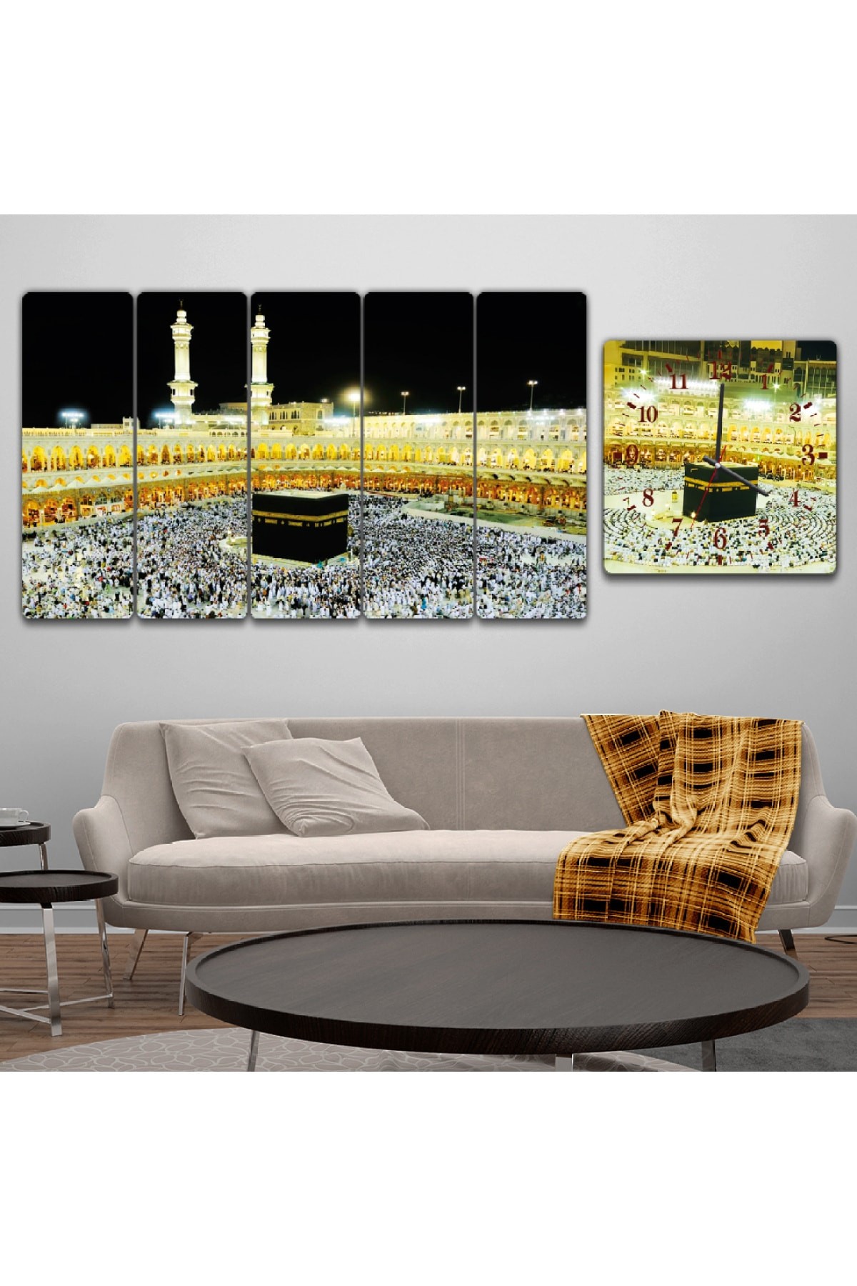 İslami Tablo Kabe Dini Solmaz MDF Tablo Ve Saat Kombin