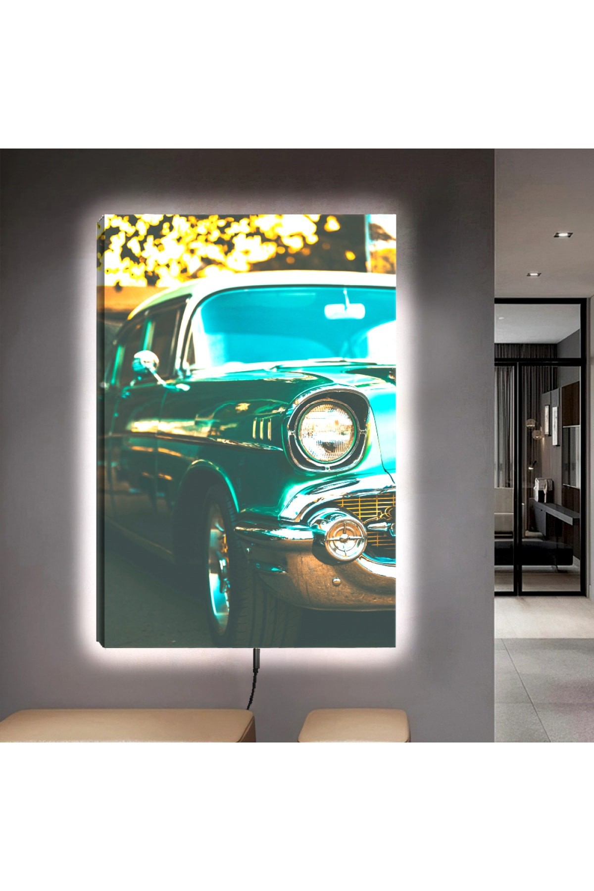 Ledli Klasik Araba Ahşap Şase Dijital Baskı Kanvas Tablo 90X60Cm