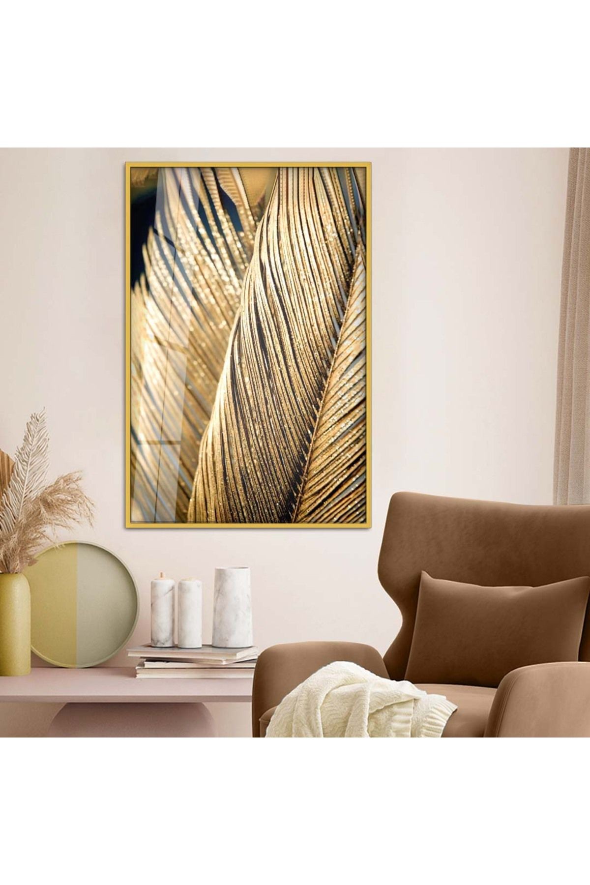 Gold Metal Çerçeveli Modern Çizim Kırılmaz Cam Tablo