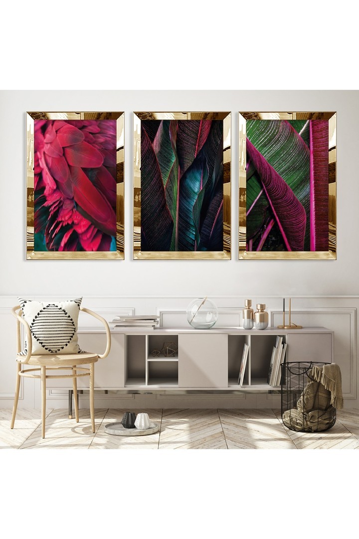 Kırmızı Bitki Gold Pleksili Saat Ve Solmaz MDF Tablo