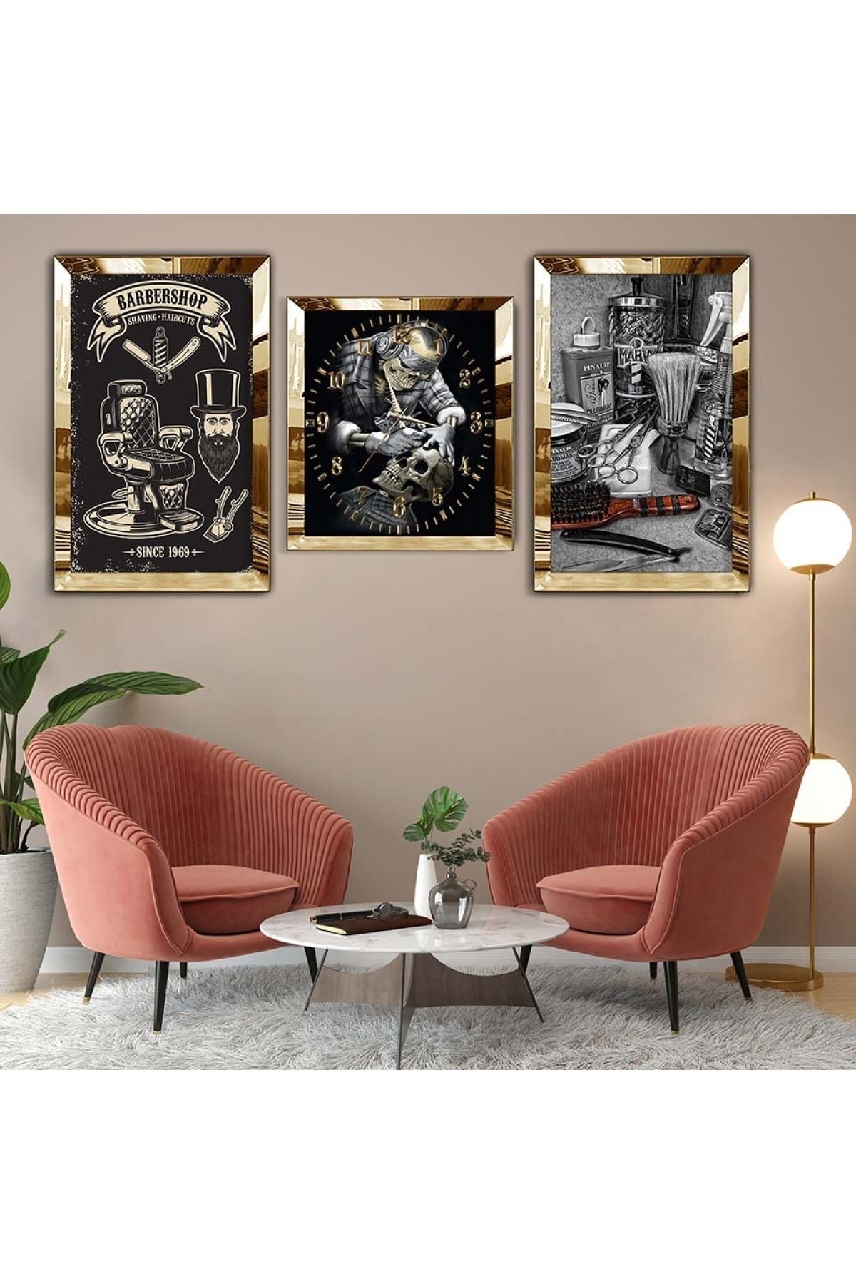 Modern Gold Pleksi Kenar 3'Lü Solmaz MDF Tablo Saat Seti