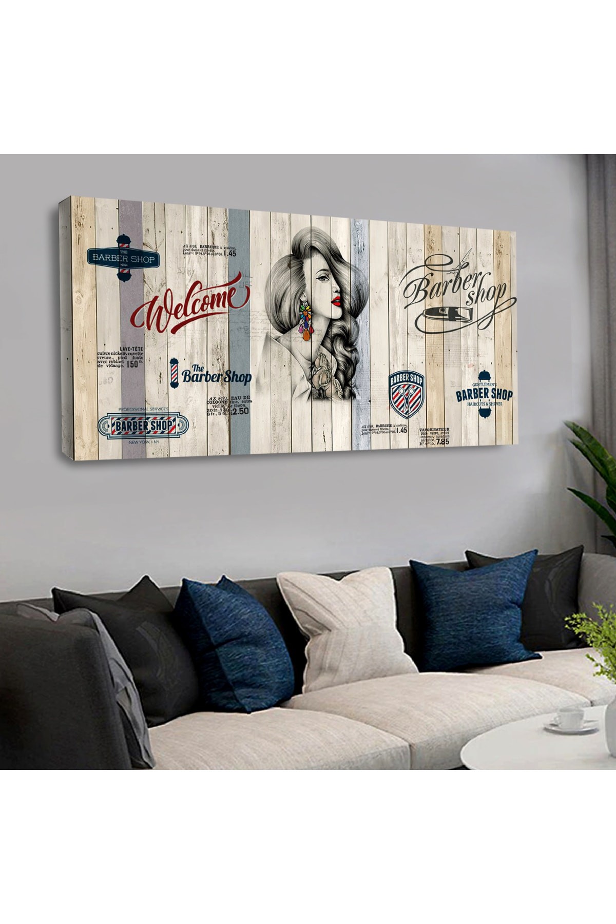 saatliAhşap Şase Dijital Baskı Kanvas Barber Shop Tablo 120X60Cm