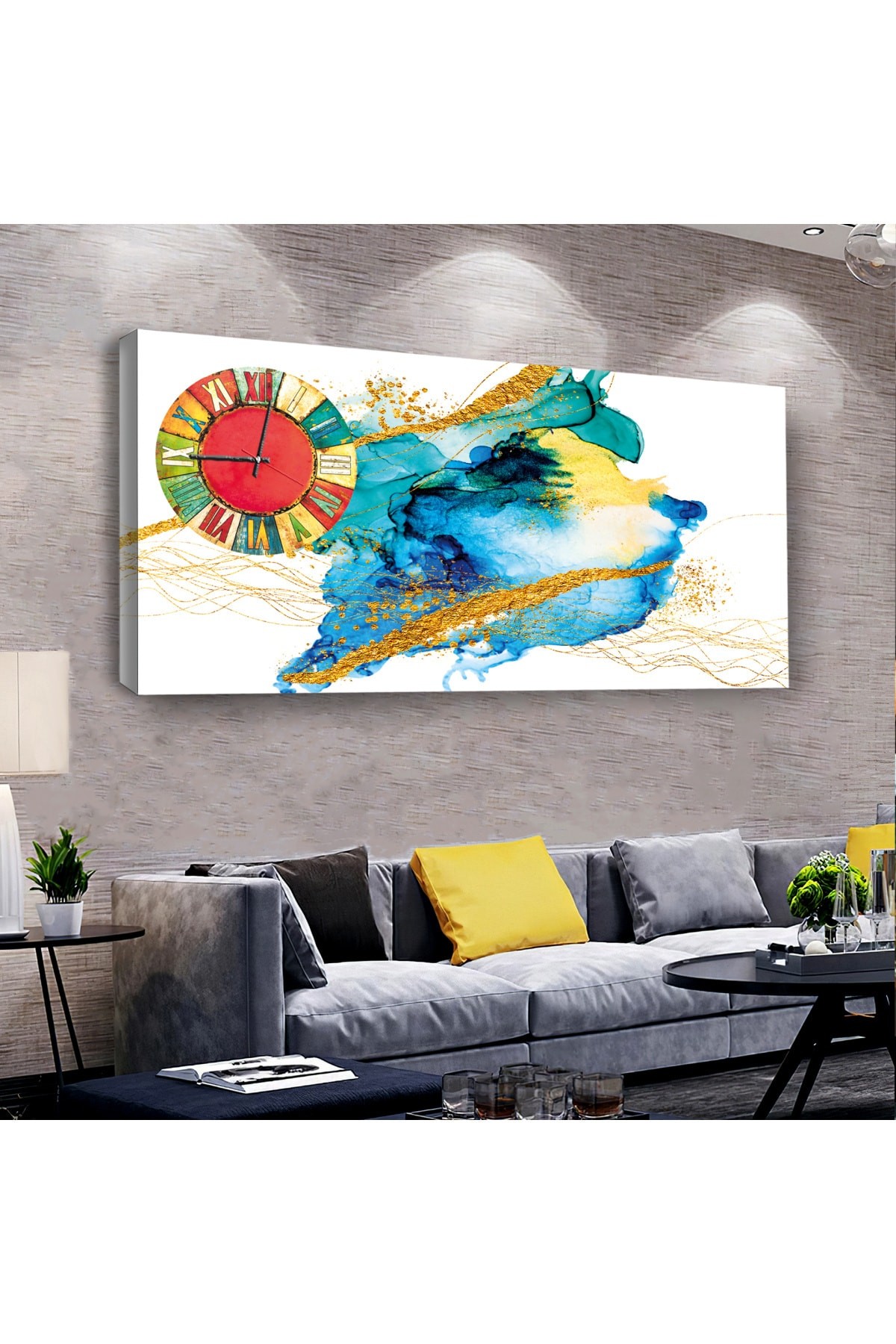Ofis Tablosu Renkli saatliAhşap Şase Dijital Baskı Kanvas Tablo 100X50Cm