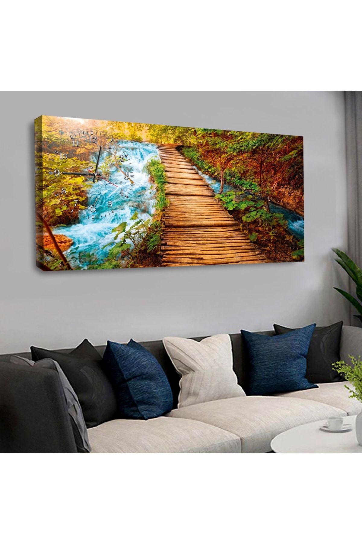 120 X 60 Saatli Kanvas Akarsu Manzara Tablo