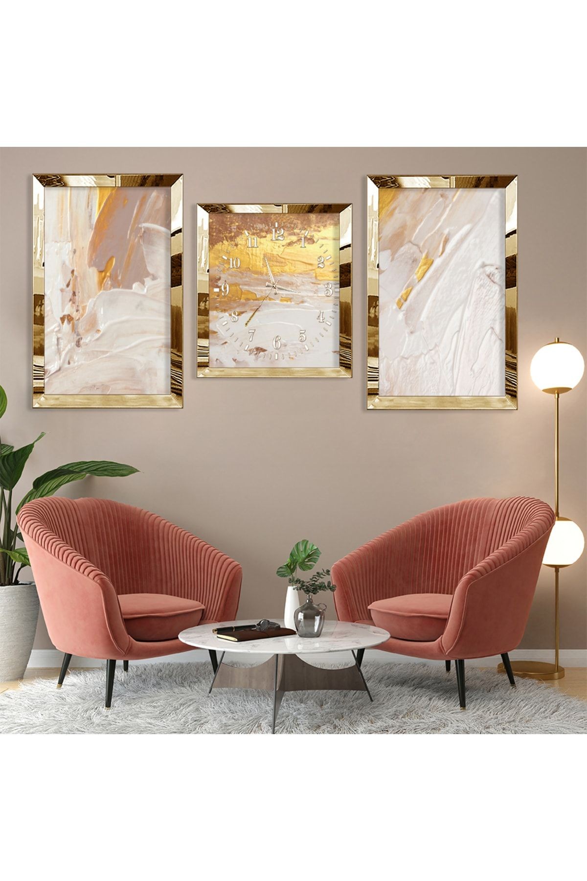 Soyut Desen Gold Pleksi Kenar Üçlü Mdf Tablo Seti Ve Saat Seti