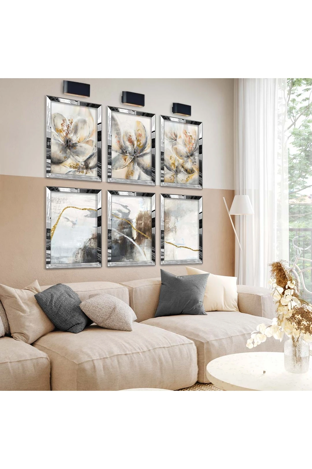 Soyut Çizim Ve Çiçek Desen 6'Lı Pleksi Kenar Solmaz MDF Tablo Seti