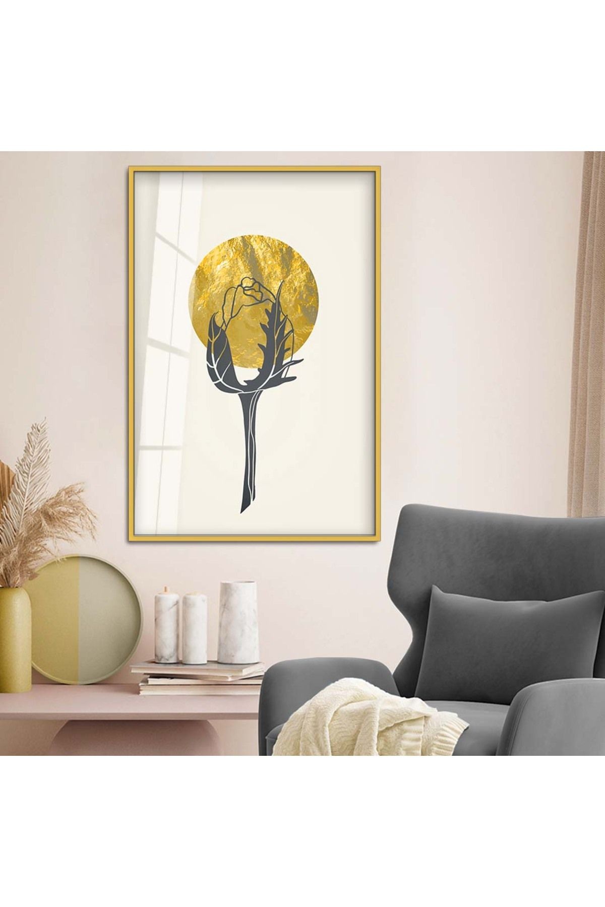 Gold Metal Çerçeveli Modern Çizim Gül Tema Kırılmaz Cam Tablo