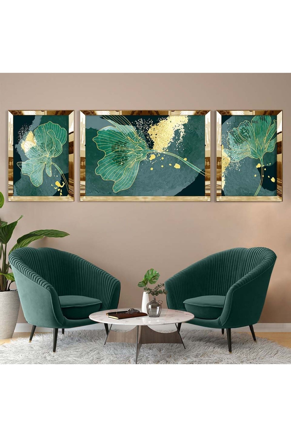Gold Aynalı Pleksi Çerçeveli Üçlü Yeşil Arka Planlı Gold Desenli Mdf Tablo Seti