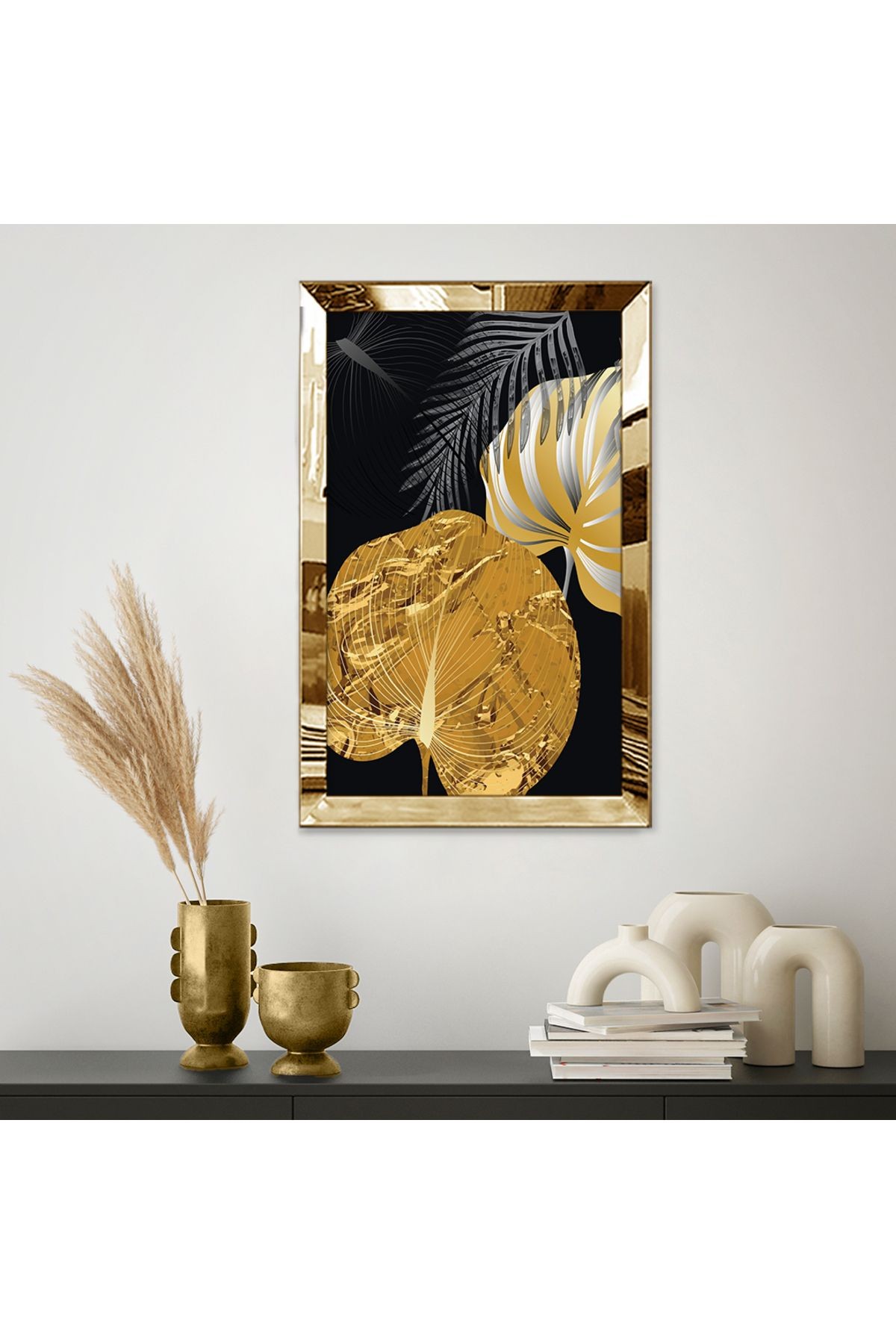 Gold Aynalı Pleksi Çerçeveli Siyah Arka Planlı Altın Renkli Desenli Dekoratif Yapraklar Mdf Tablo