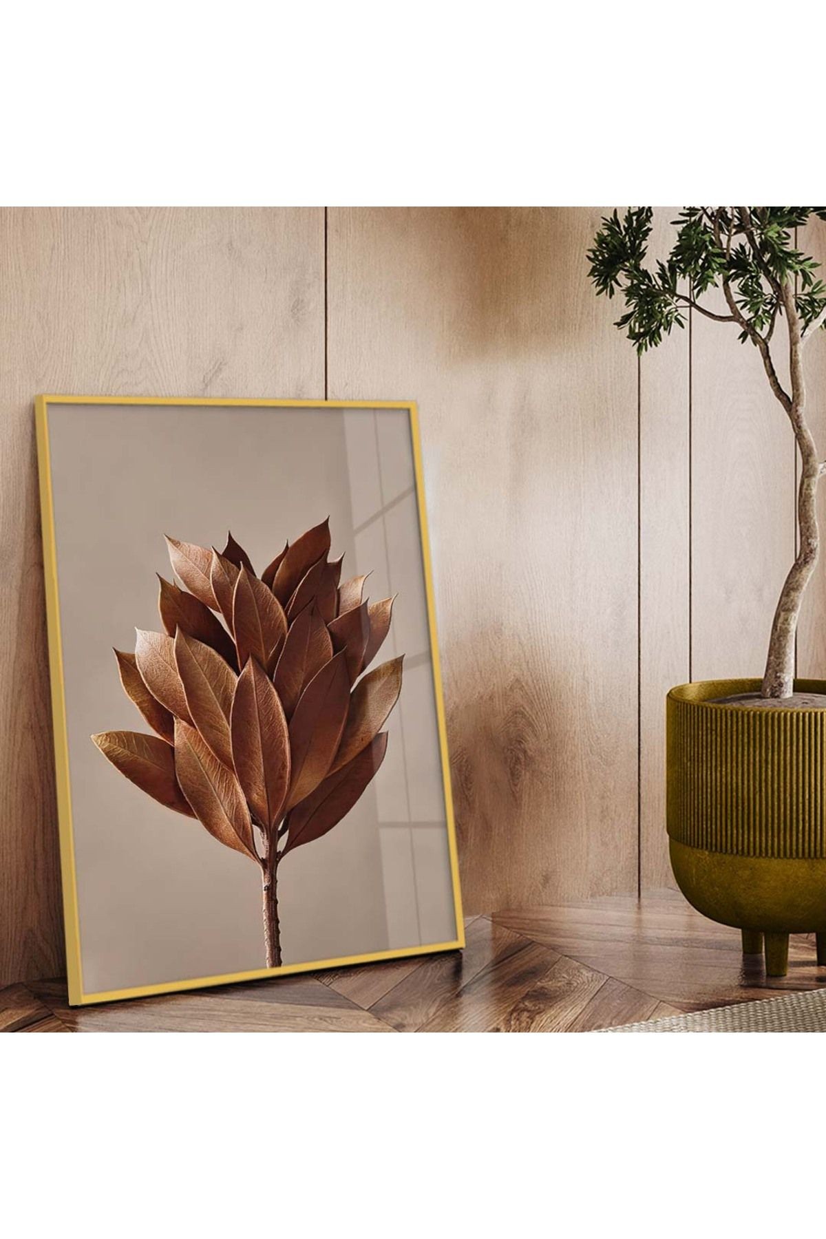 Gold Metal Çerçeveli Yaprak Desen Kırılmaz Cam Tablo