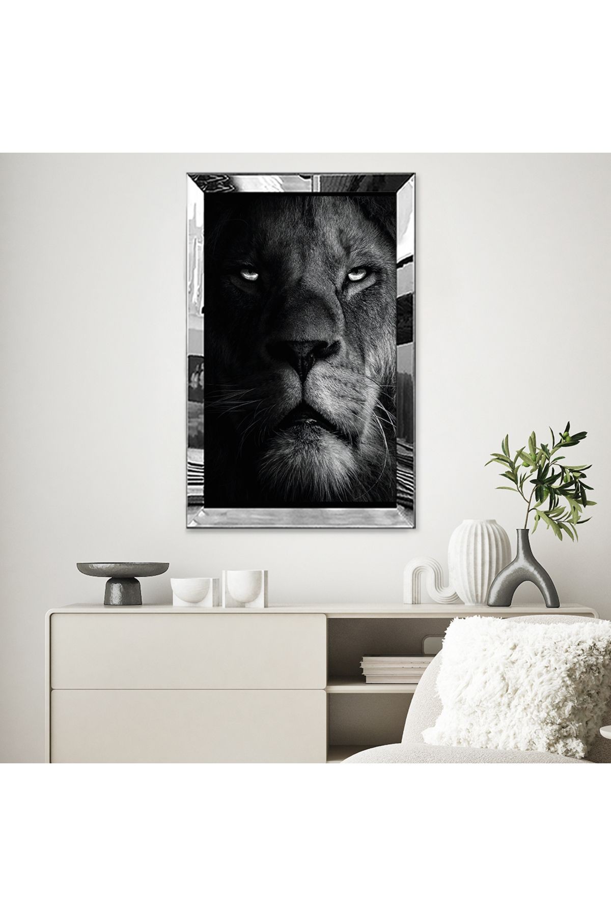 GOLD  AYNALI PLEKSİ ÇERÇEVELİ SİYAH BEYAZ YAKIN GÖRÜNTÜ ASLAN TABLOSU