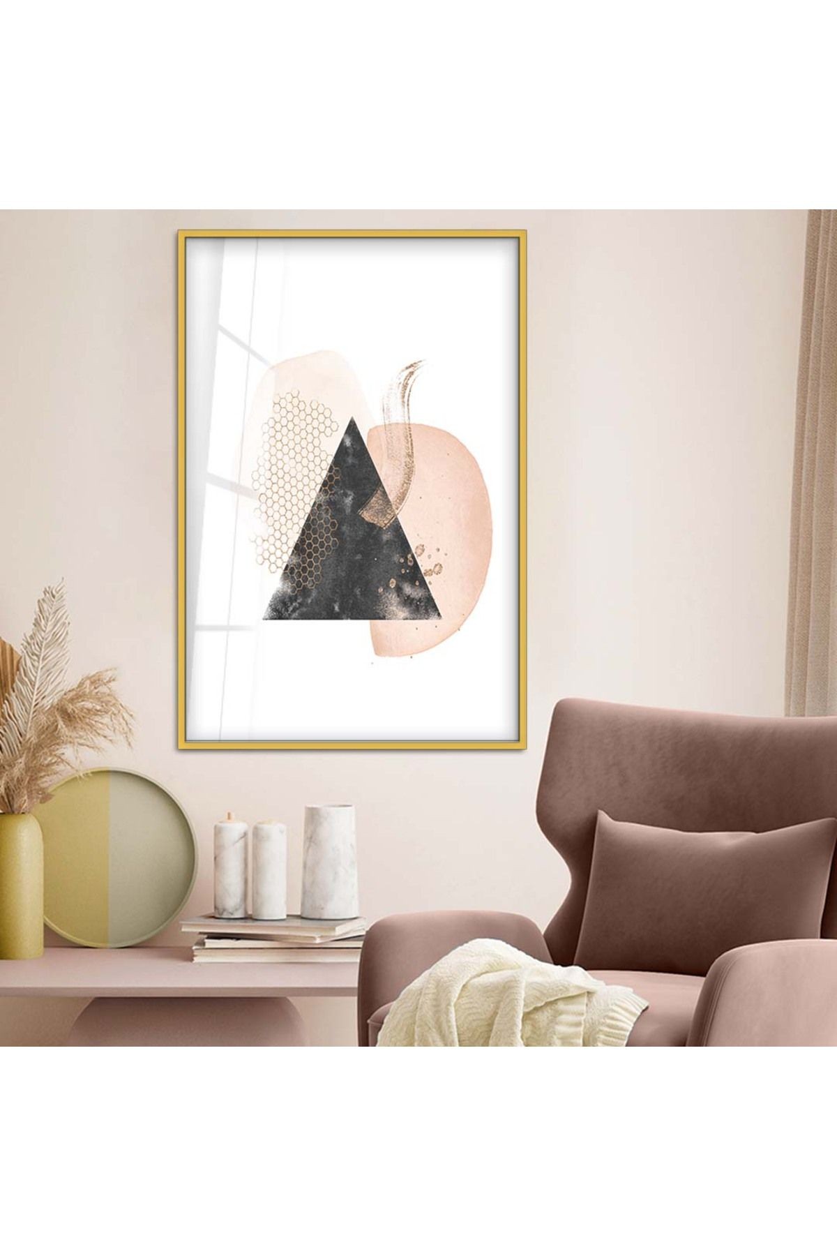Gold Metal Çerçeveli Geometrik Desen Modern Çizim Kırılmaz Cam Tablo