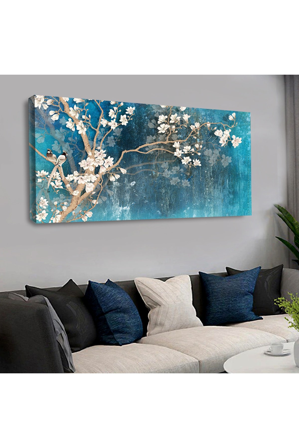 Ahşap Şase Dijital Baskı Kanvas Beyaz Çiçek Tablo 120X60Cm