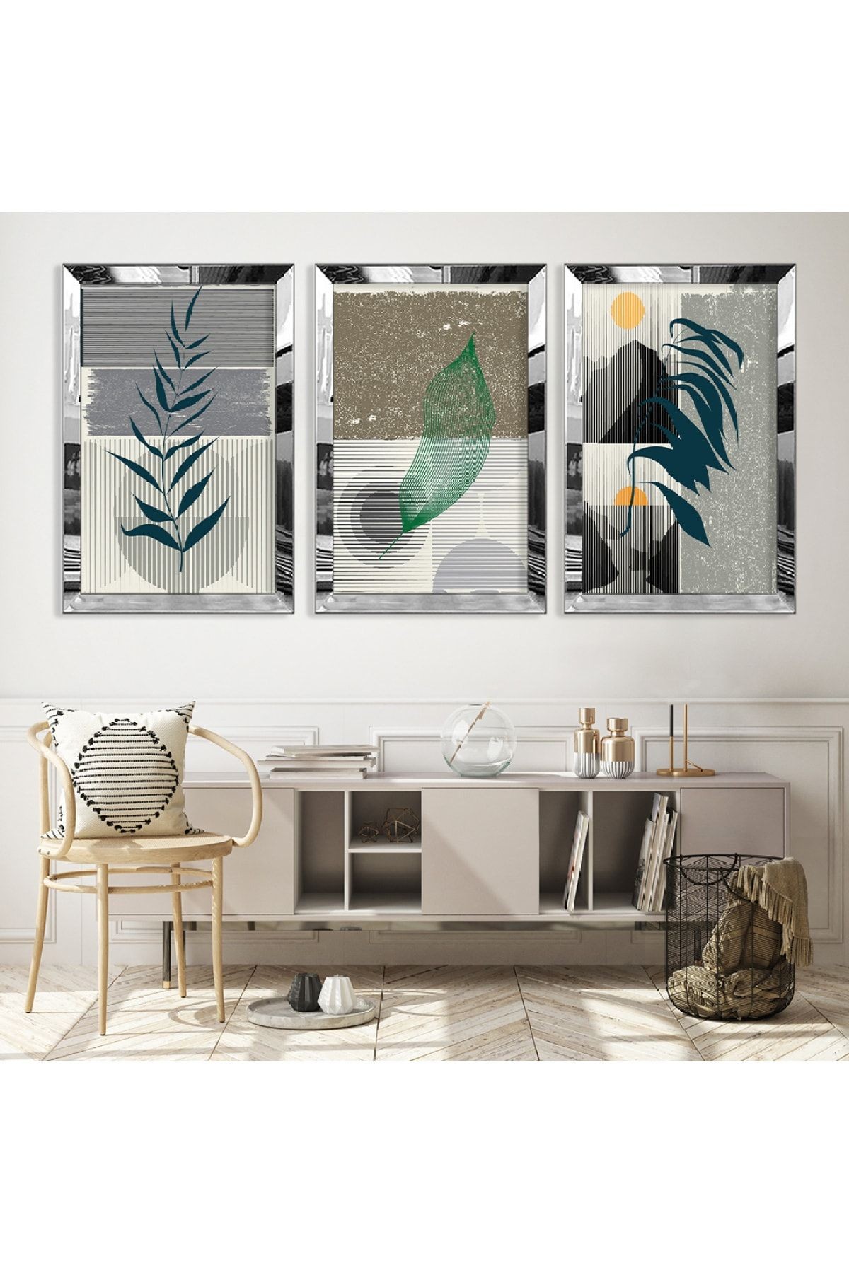 Gold Aynalı Pleksi Çerçeveli Minimalist Aynalı Üçlü Mdf Tablo Seti