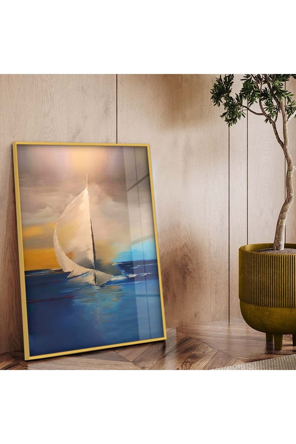 Gold Metal Çerçeveli Modern Çizim Soyut Tema Kırılmaz Cam Tablo