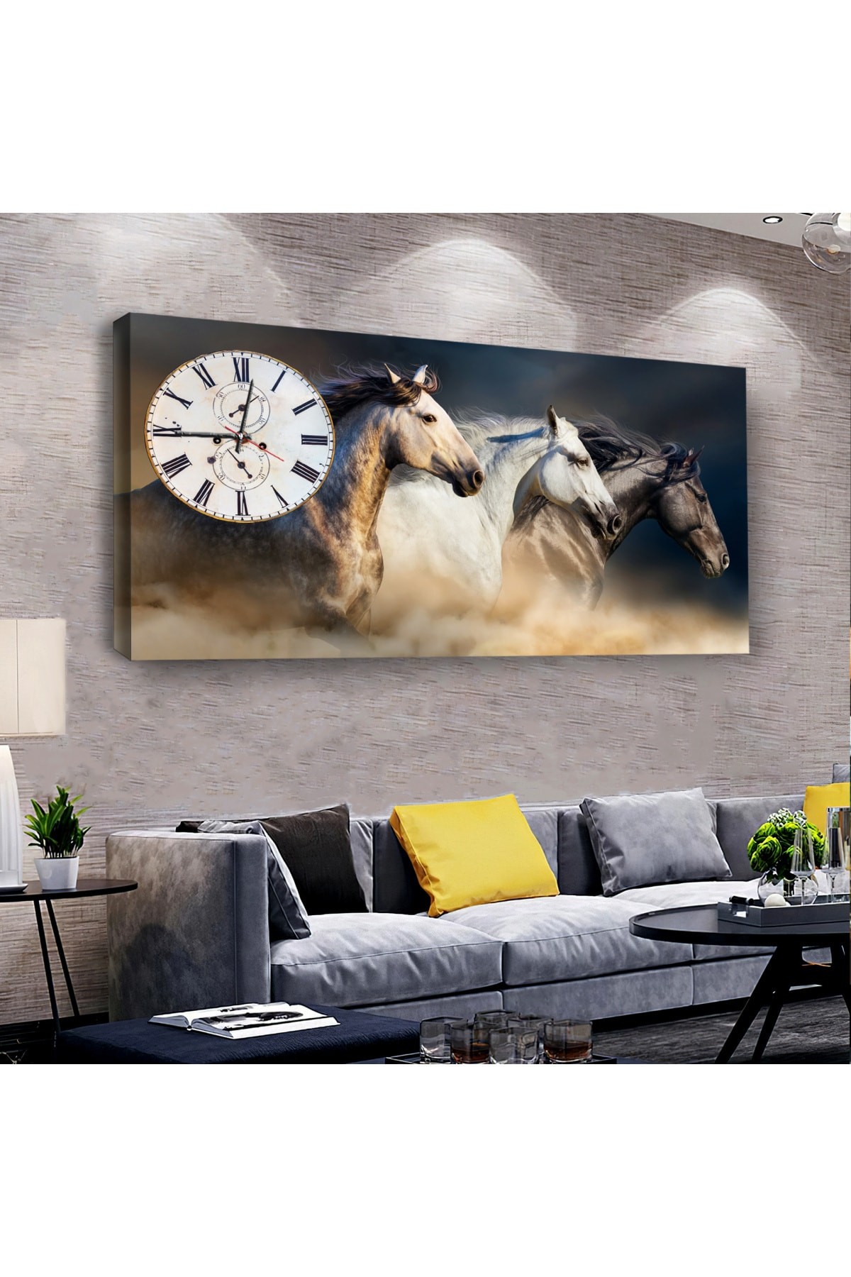 Koşan Atlar saatliAhşap Şase Dijital Baskı Kanvas Tablo 100X50Cm