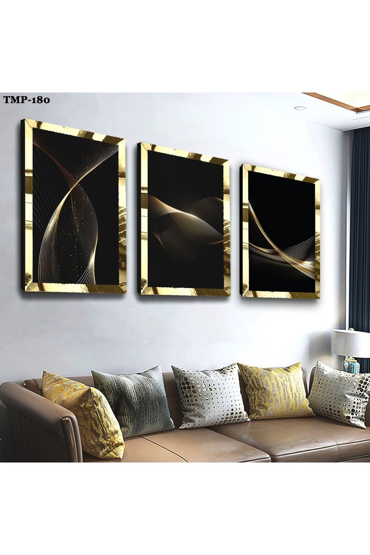 Minimalist Siyah Renk Gold Pleksili Saat Ve Solmaz MDF Tablo