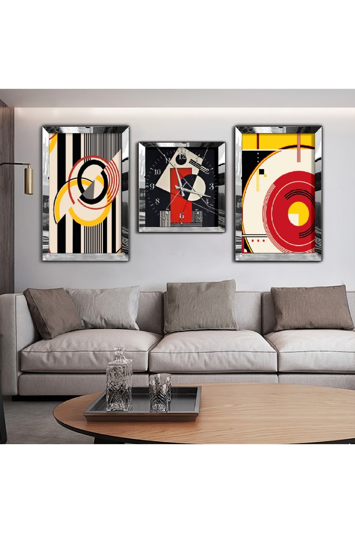 Sanat Tablosu Renkli Aynalı Gold Pleksi Çerçeveli Solmaz MDF Tablo Ve Saat Seti