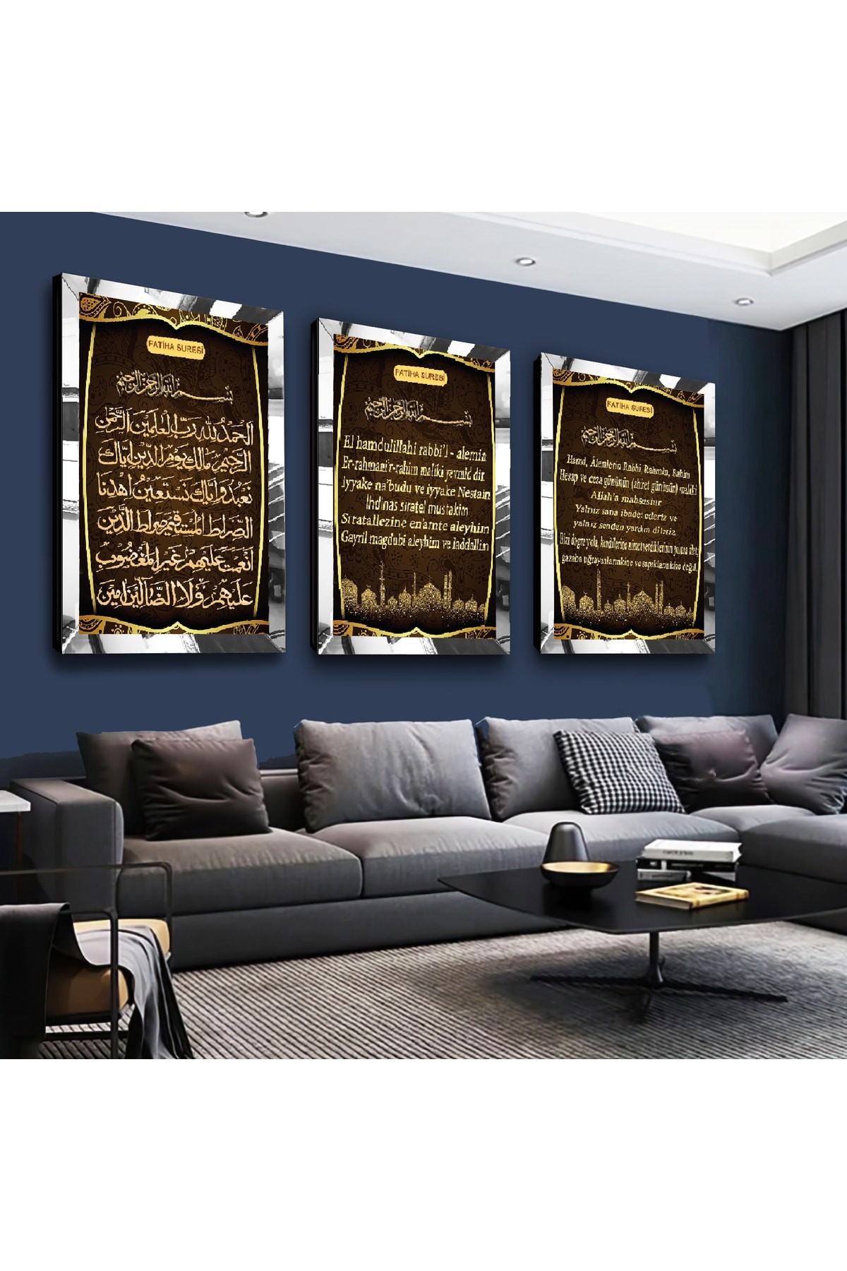 Fatiha Süresi Gold Pleksi Kenar 3'Lü Solmaz MDF Tablo Seti