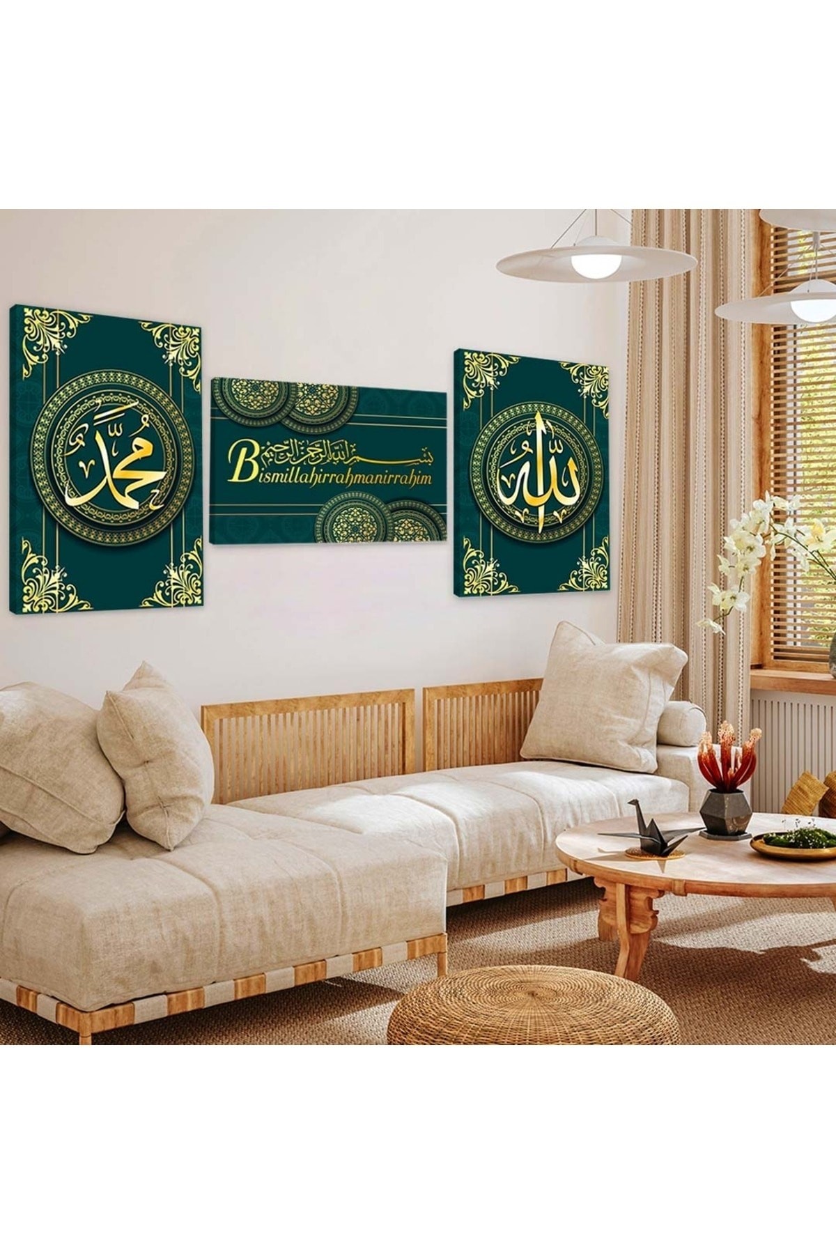 Zevahir 3'lü Kanvas Bismillahirrahmanirahim Ve Allah Hz Muhammed Lafzı Dini Tablo