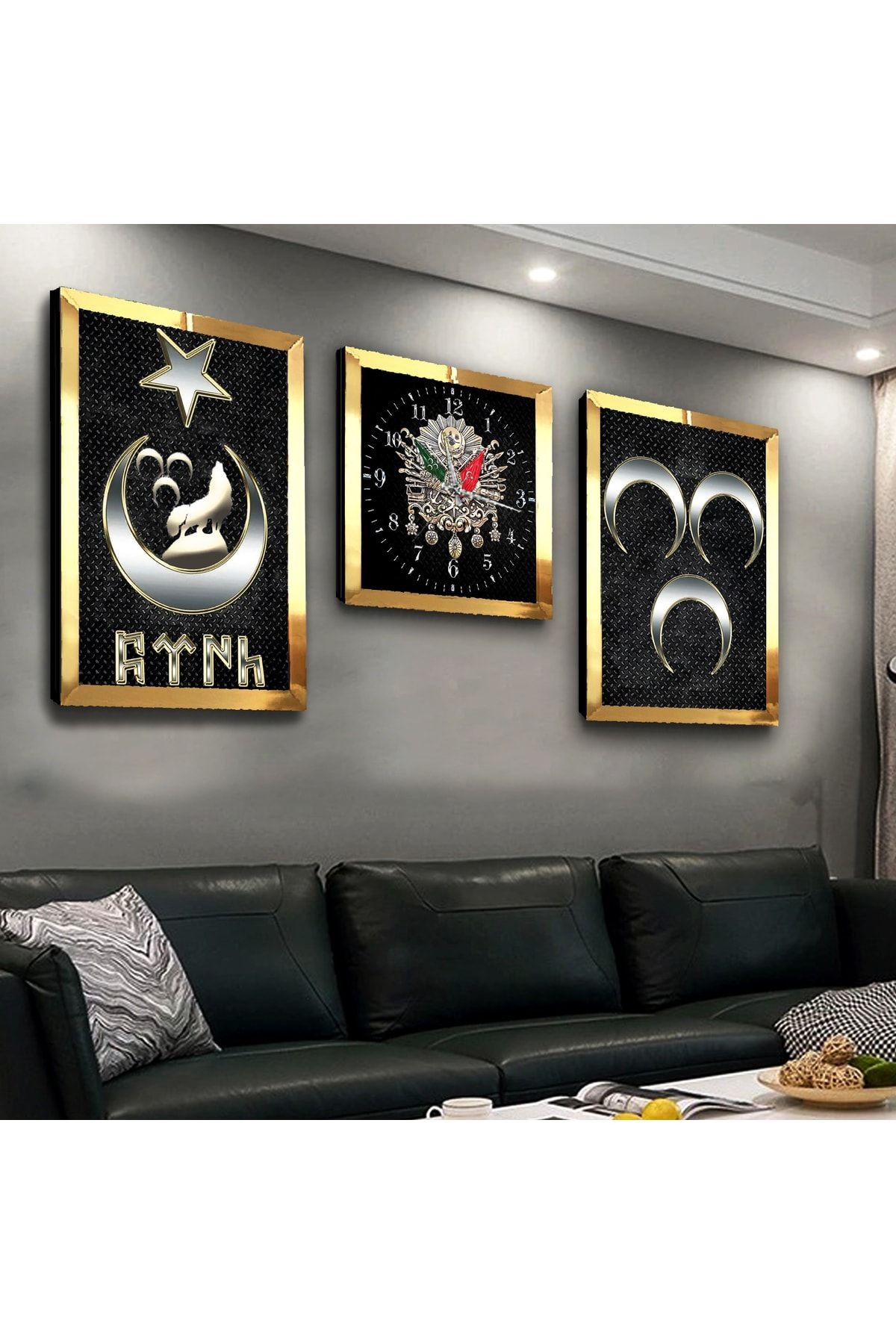Gold Aynalı Pleksi Çerçeveli Göktürk Üçlü Mdf Tablo Seti Ve Saat Seti