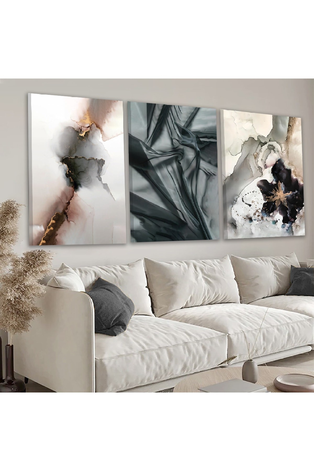 Modern Modern Tablo Kolaj Çizim 3'Lü Ahşap Şase Dijital Baskı Kanvas Tablo