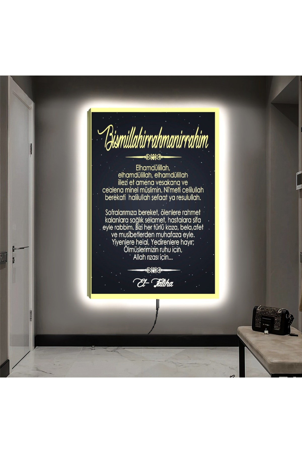 Ledli Bismillahirrahmanirrahim Ahşap Şase Dijital Baskı Kanvas Tablo 90X60Cm