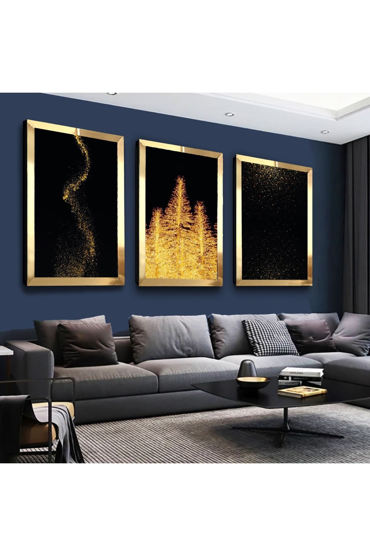 Altın Sarı Ağaçlar Gold Pleksi Kenar Üçlü Mdf Tablo Seti