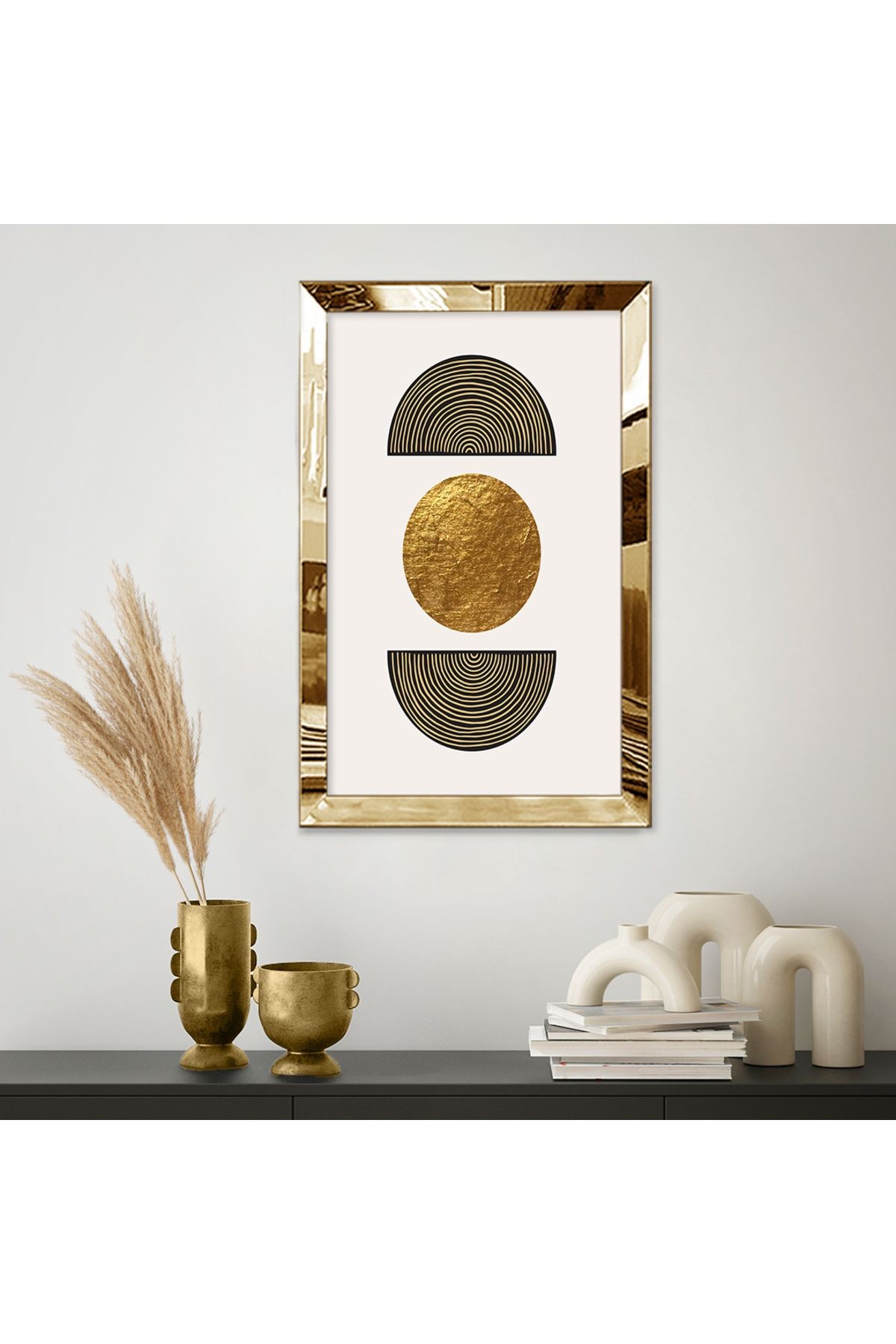 Gold Aynalı Pleksi Çerçeveli Altın Renkli Daireli Geometrik Tasarım Mdf Tablo