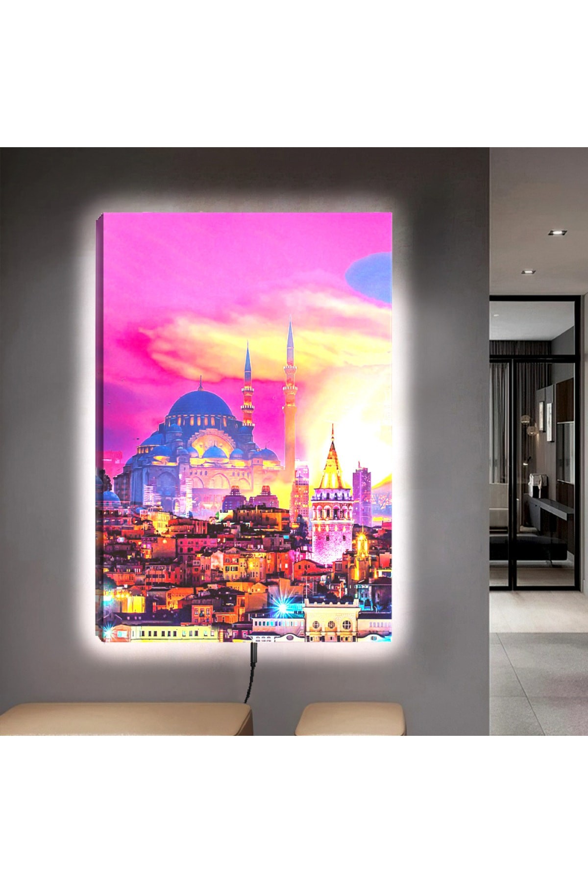 Ledli Istanbul Temalı Ahşap Şase Dijital Baskı Kanvas Tablo 90X60Cm