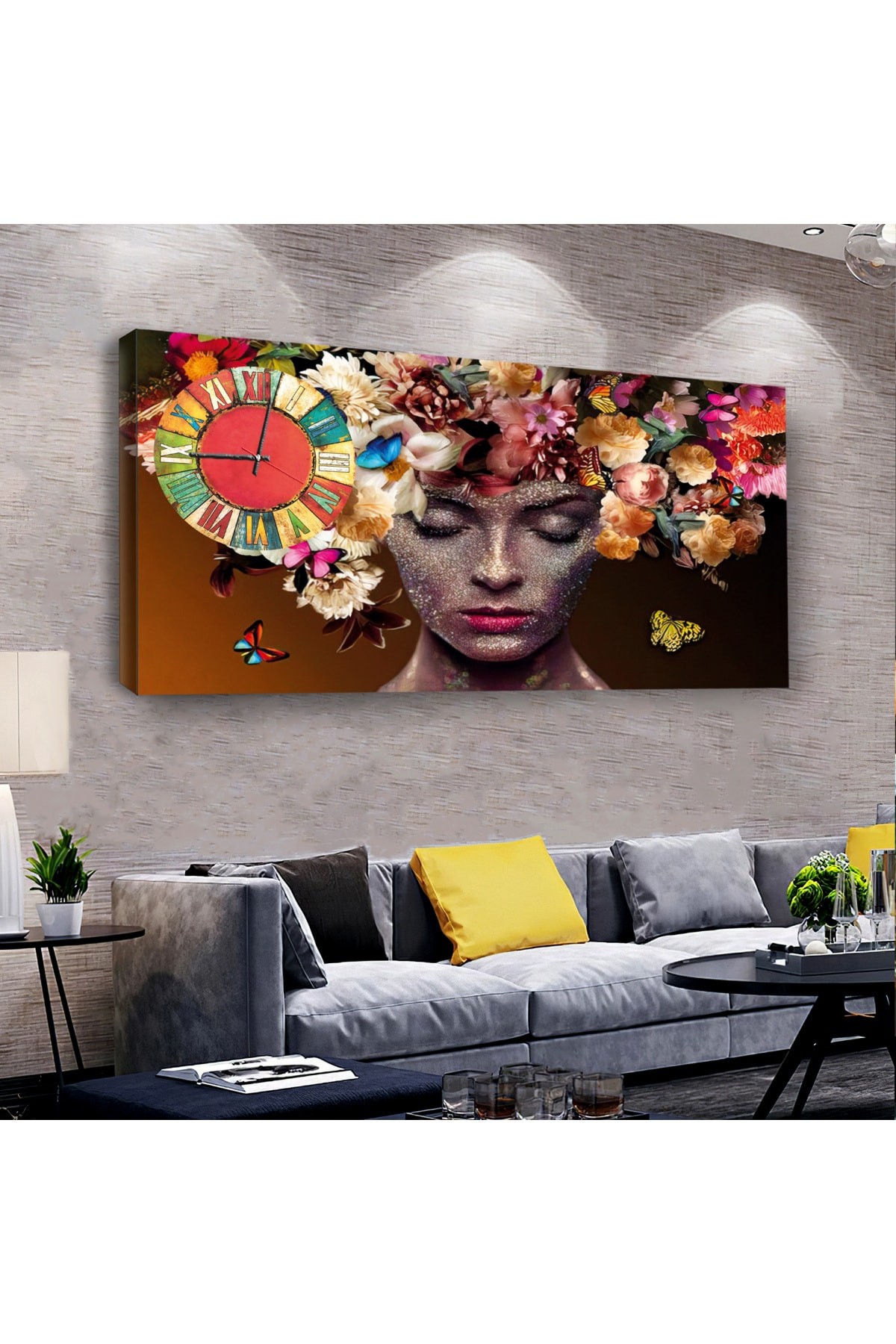 Çiçek Başlı Kız saatliAhşap Şase Dijital Baskı Kanvas Tablo 120X60Cm