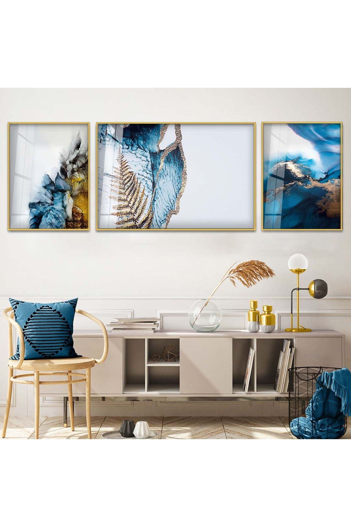 Mavi Desen Modern 3'Lü Metal Çerçeveli UV Baskı Kırılmaz Cam Tablo
