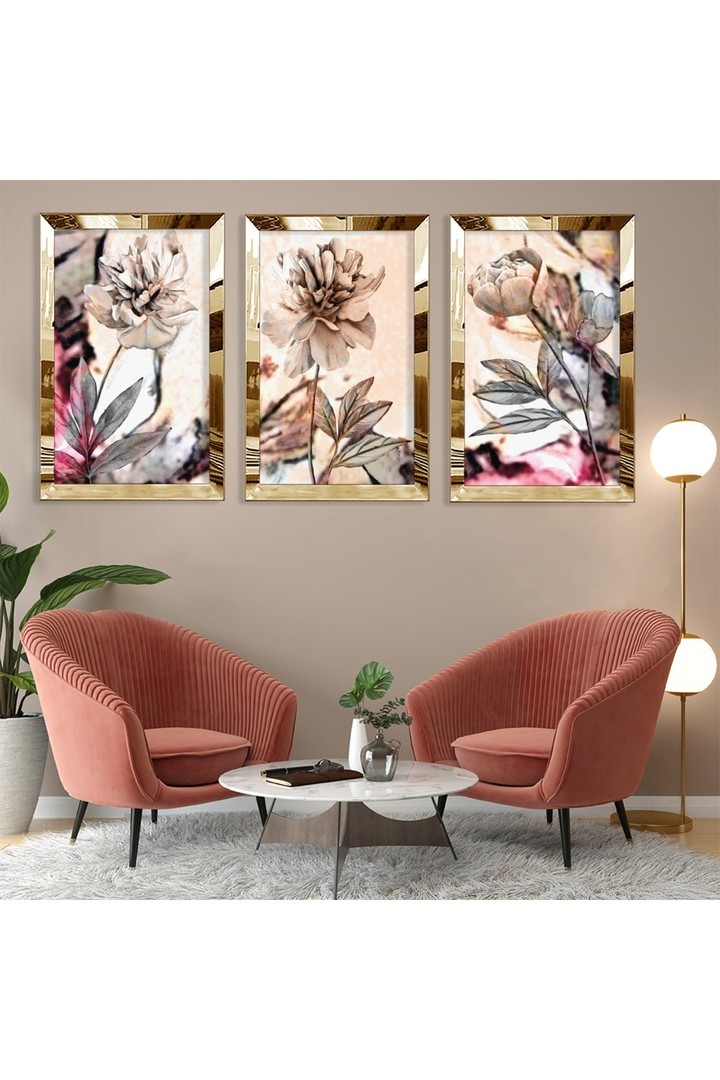 Minimalist Soyut Desen Çiçek Gold Pleksi Kenar 3'Lü Solmaz MDF Tablo