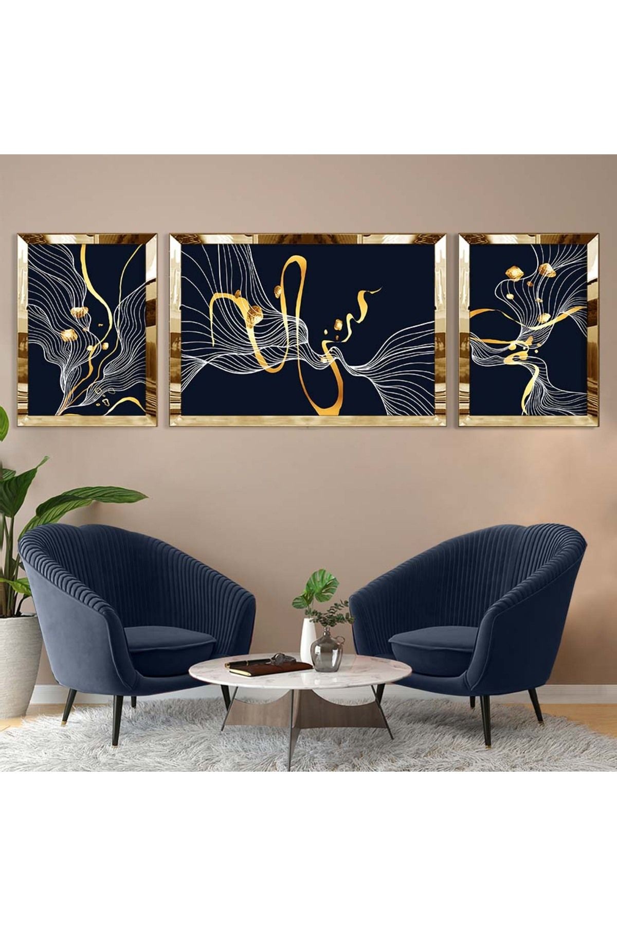 Gold Aynalı Pleksi Çerçeveli Üçlü Lacivert Arka Planlı Soyut Ip Desenli Mdf Tablo Seti