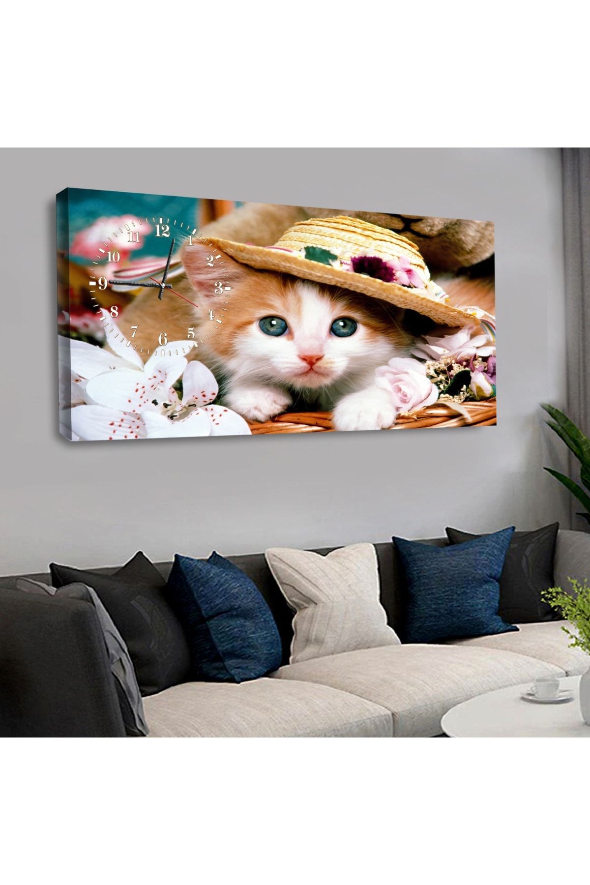 120x60 Saatli Hayvanlar Alemi Kedicik Kanvas Tablo