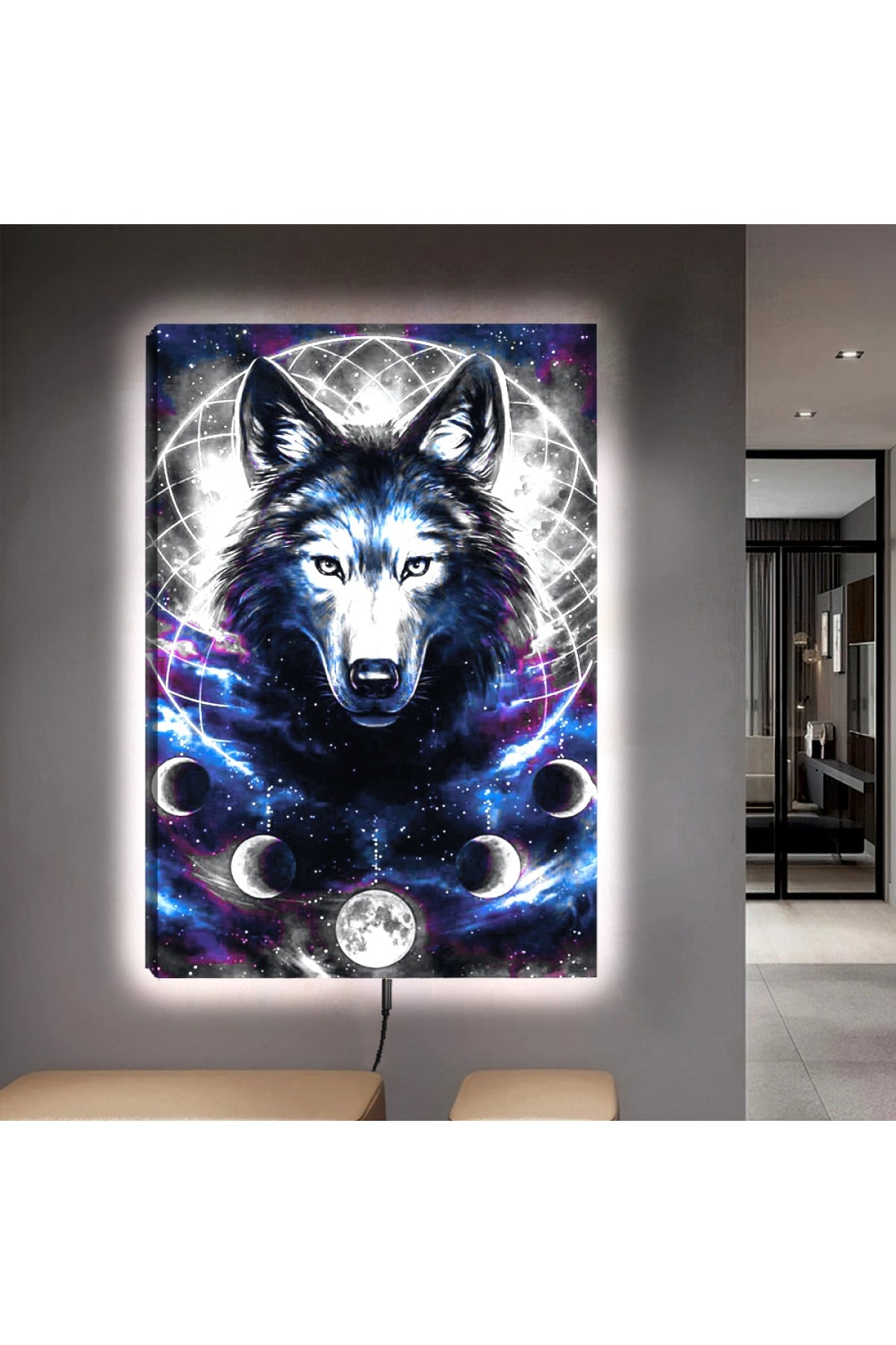 Ledli Bozkurt Ahşap Şase Dijital Baskı Kanvas Tablo 90X60Cm