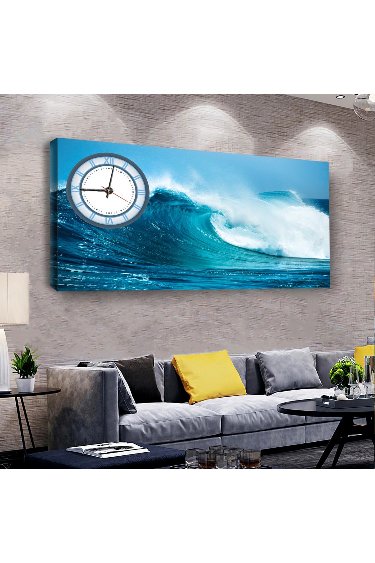 Dalga saatliAhşap Şase Dijital Baskı Kanvas Tablo 100X50Cm